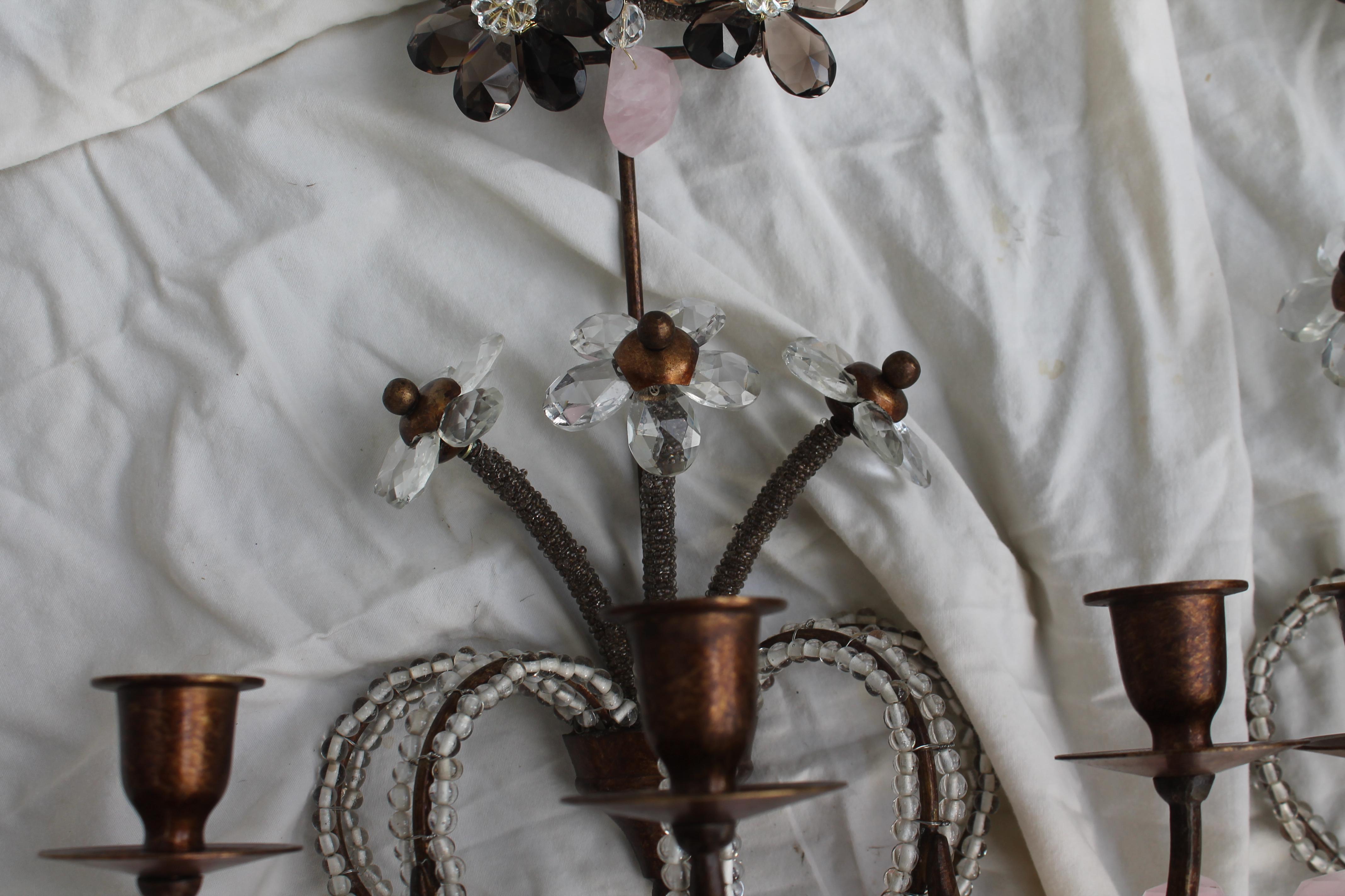 Pair 1940's French Regency Smokey Quartz Flowers & Rose Rock Crystal Sconces In Good Condition For Sale In Opa Locka, FL