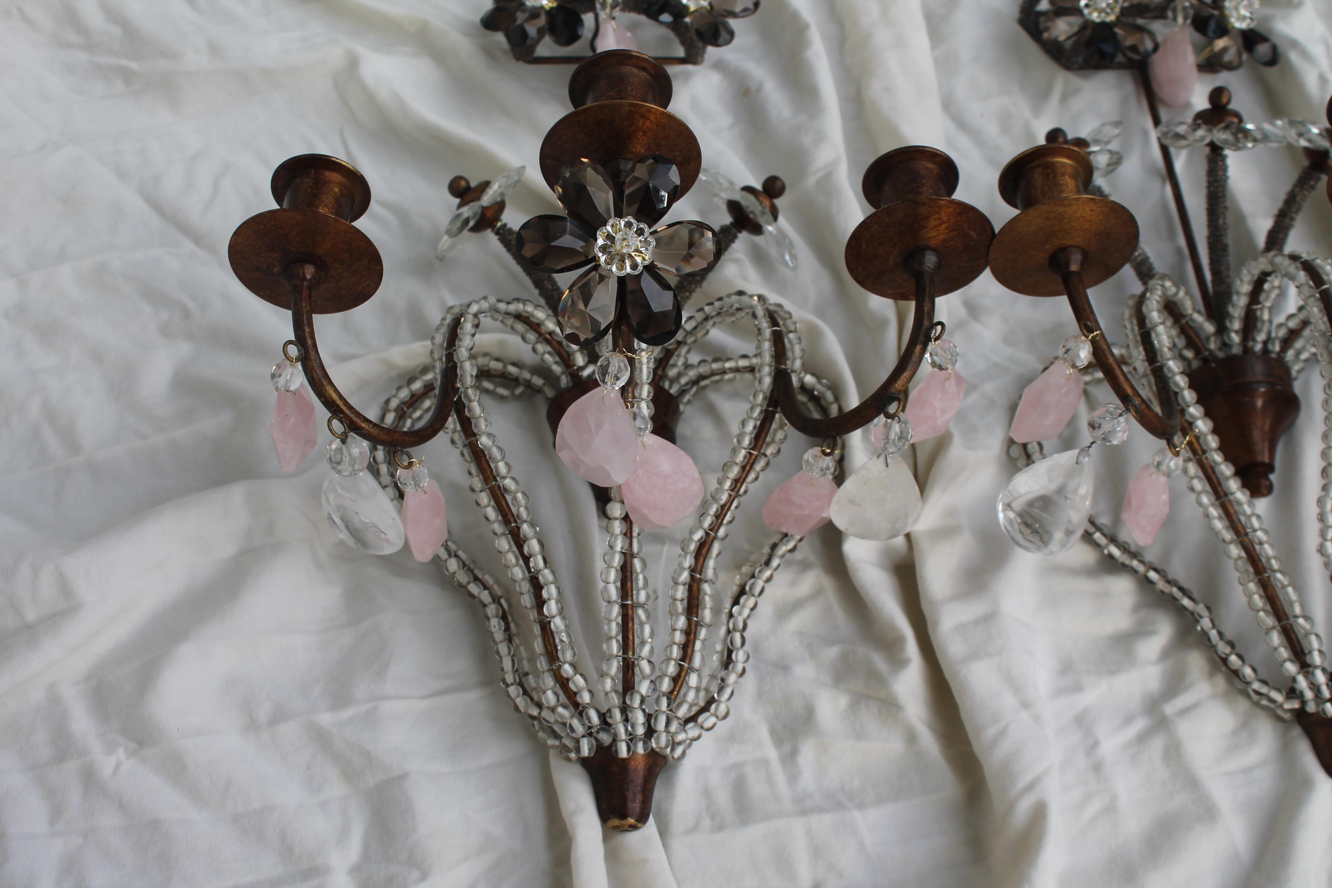 Mid-20th Century Pair 1940's French Regency Smokey Quartz Flowers & Rose Rock Crystal Sconces For Sale
