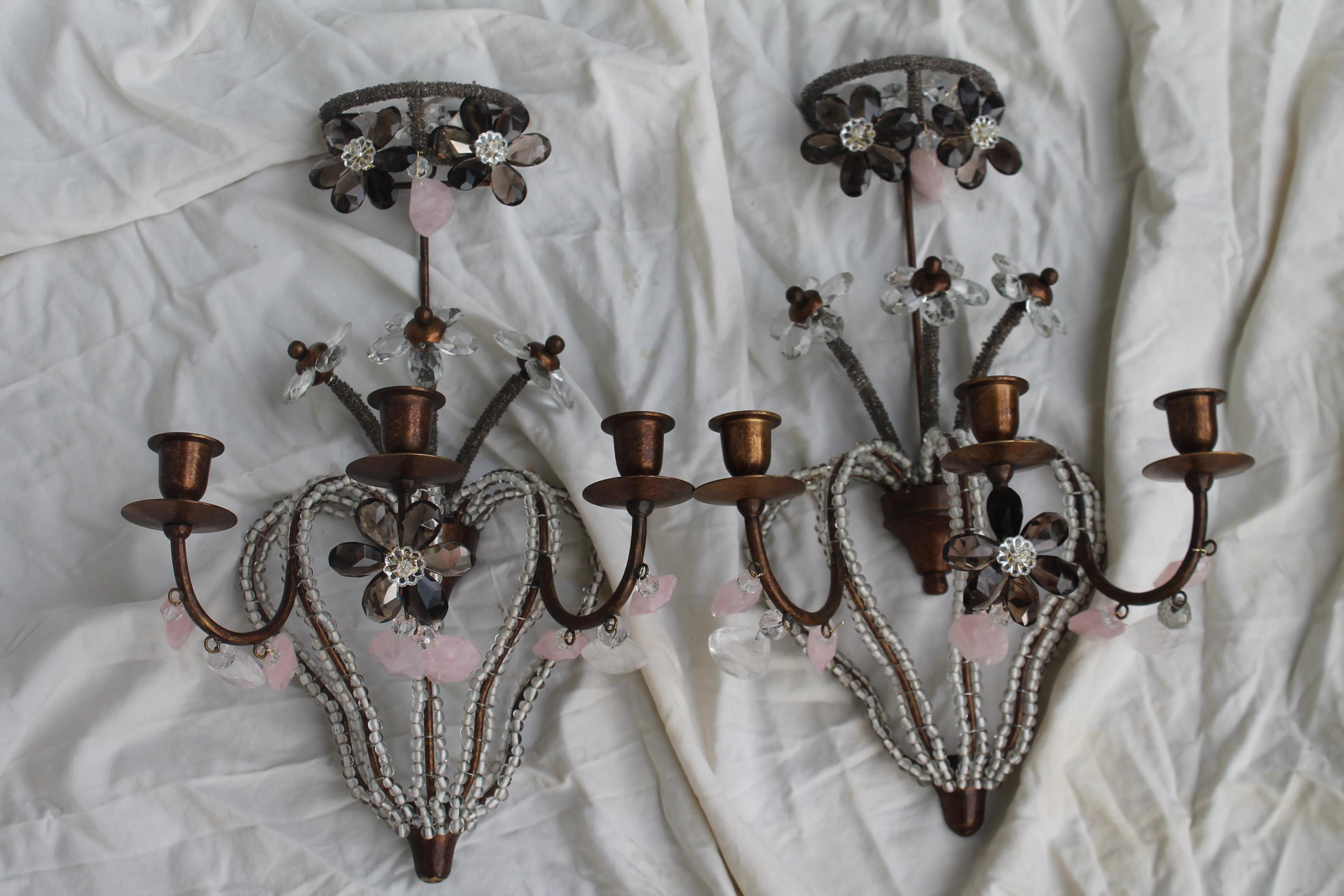 Rose Quartz Pair 1940's French Regency Smokey Quartz Flowers & Rose Rock Crystal Sconces For Sale