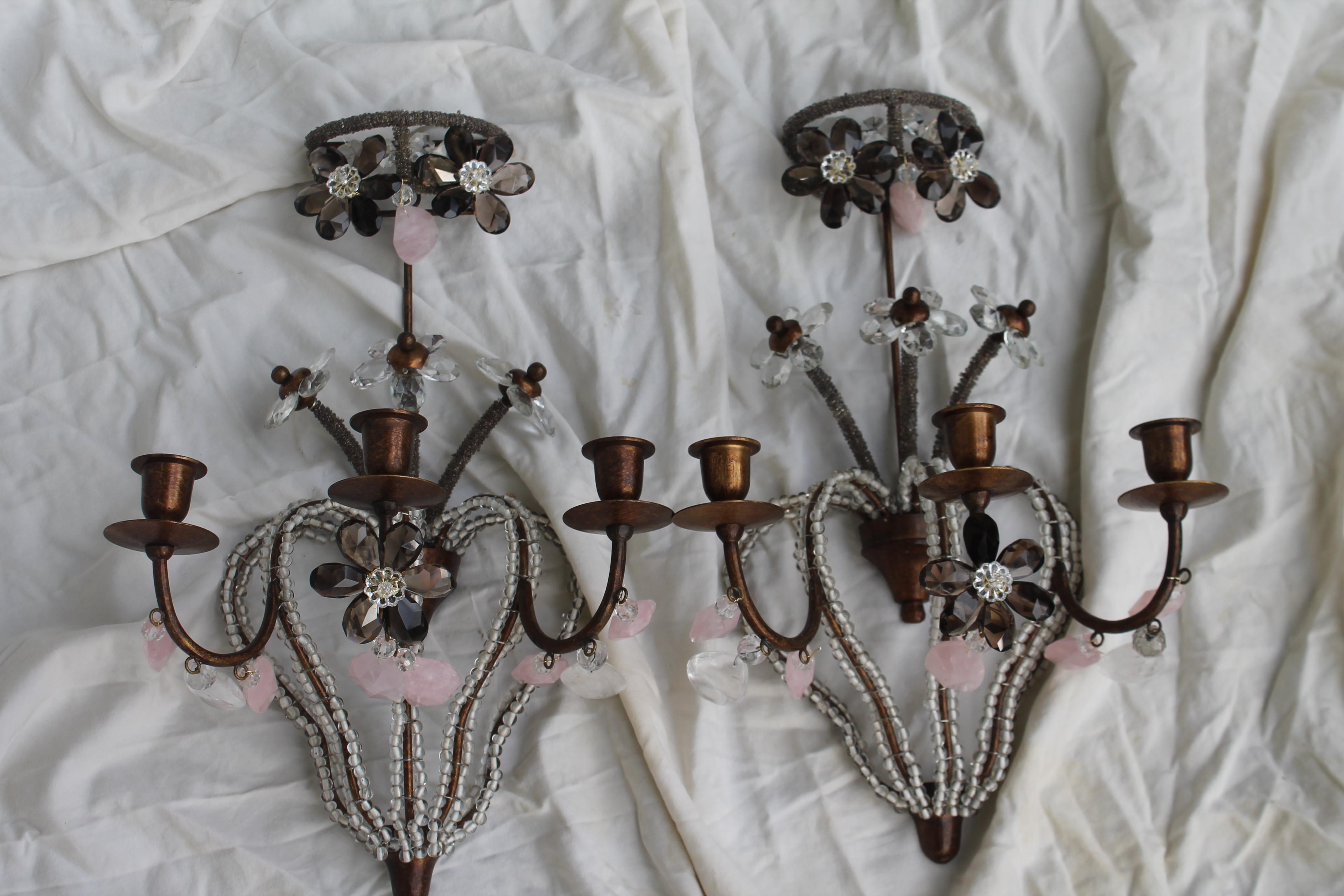 Pair 1940's French Regency Smokey Quartz Flowers & Rose Rock Crystal Sconces For Sale 2