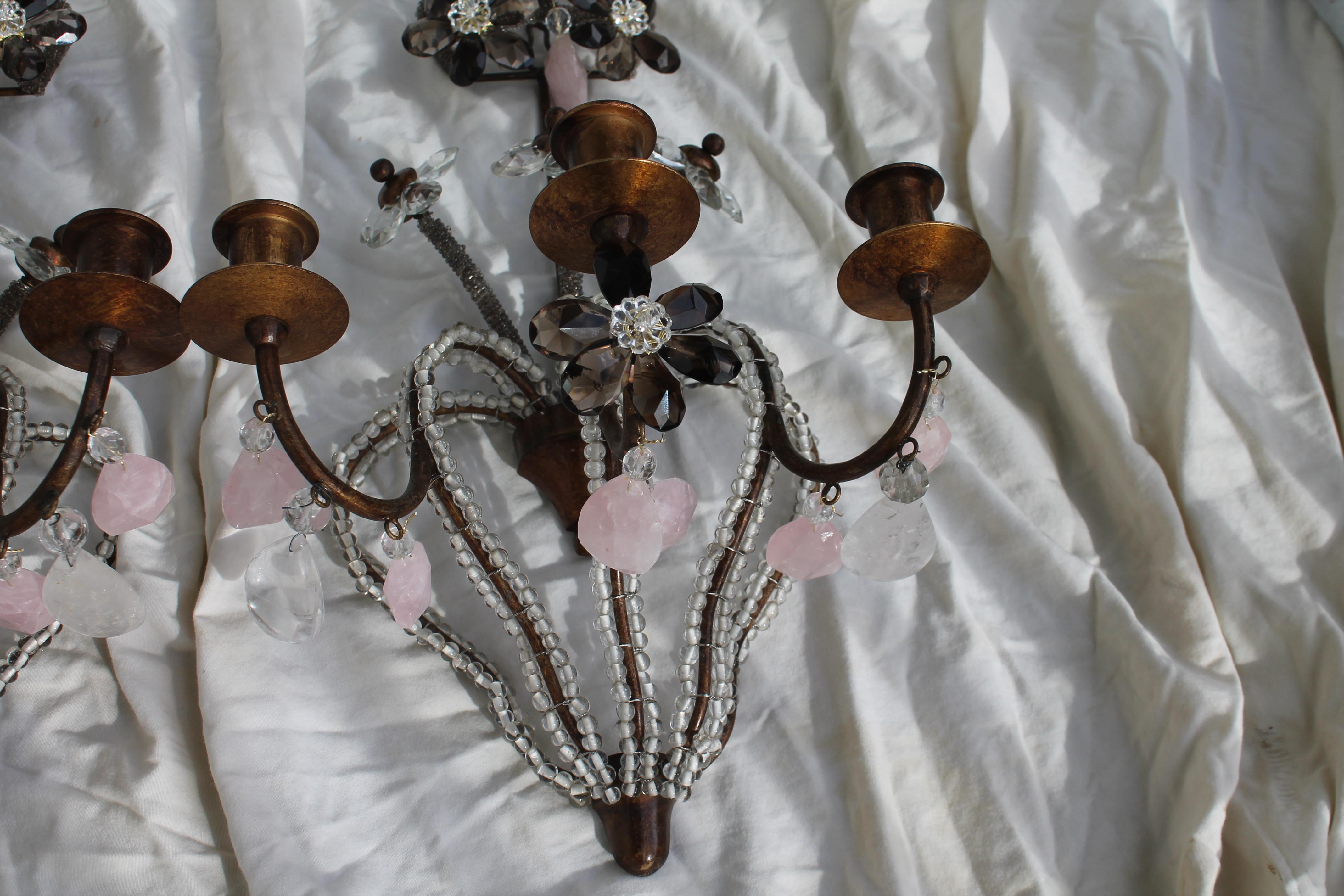 Pair 1940's French Regency Smokey Quartz Flowers & Rose Rock Crystal Sconces For Sale 3