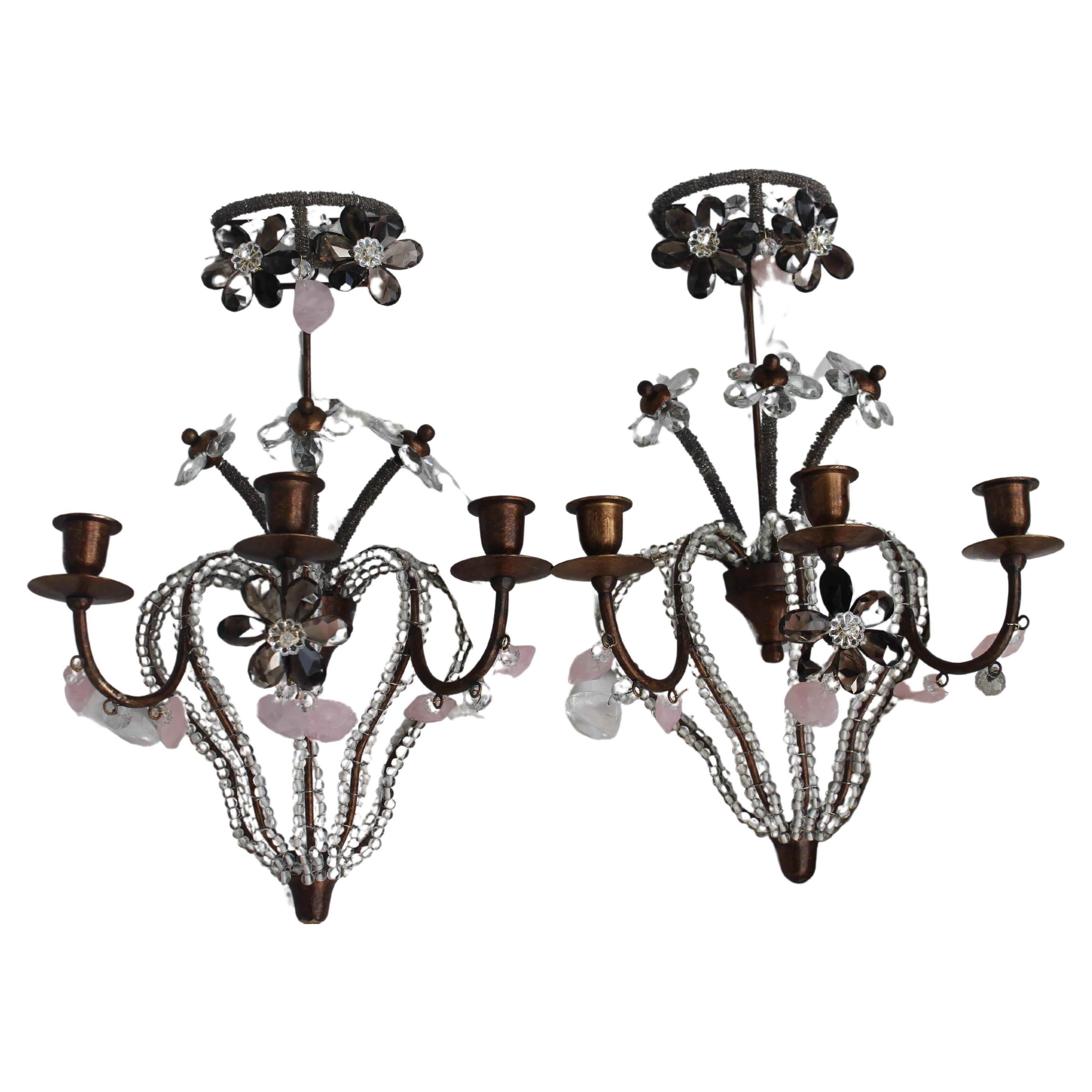 Pair 1940's French Regency Smokey Quartz Flowers & Rose Rock Crystal Sconces