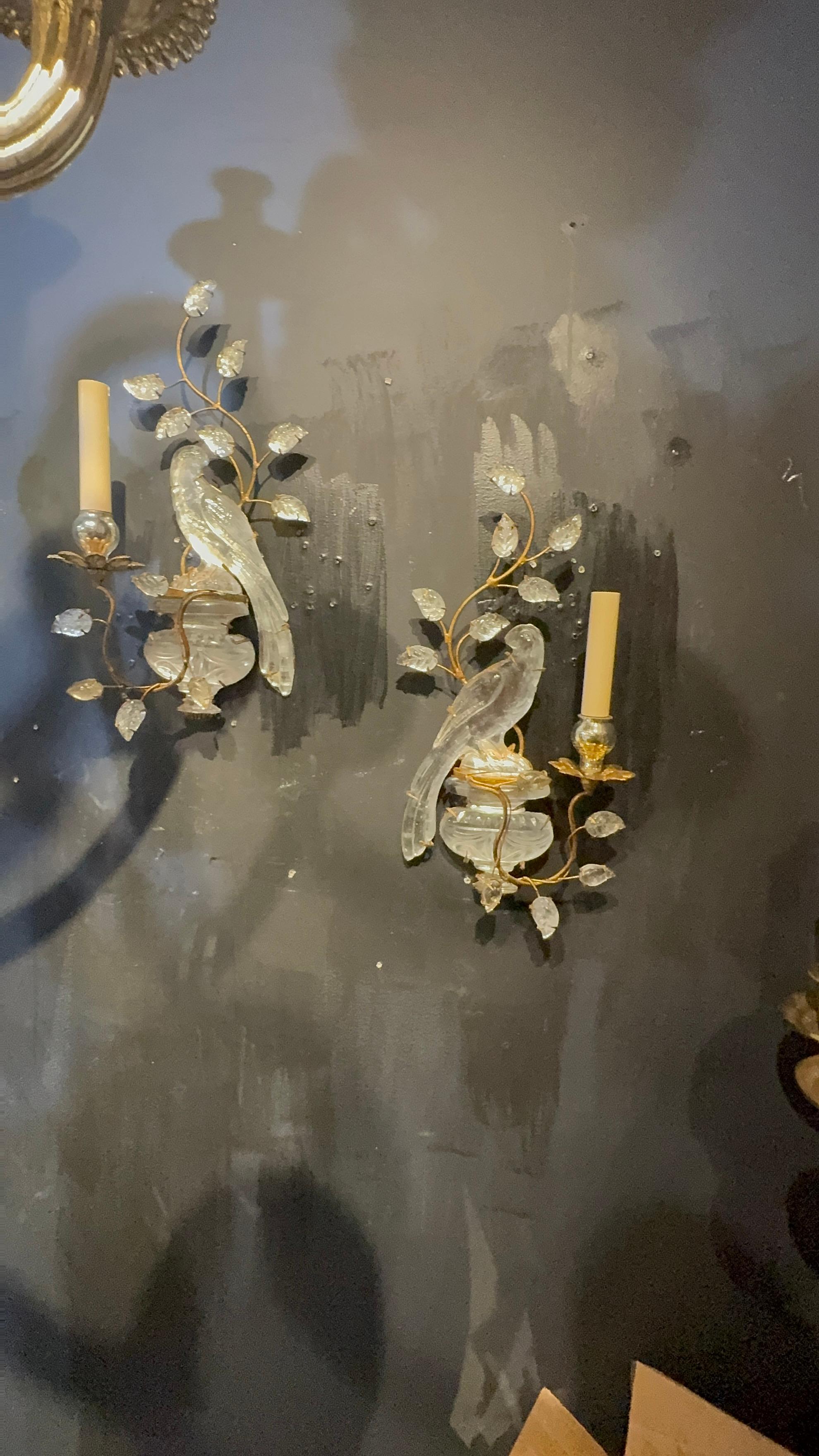 Beautiful pair of 1940’s French gilt metal and cut glass birds sconces with mirrored cups, newly UL rewired for the US