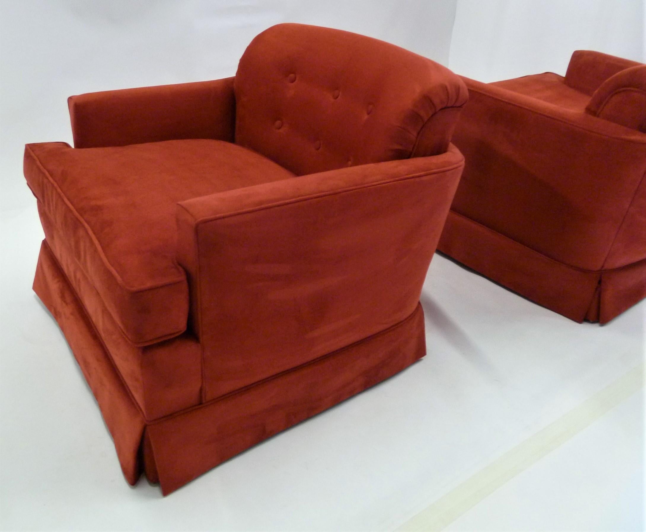 Pair of 1940s Hollywood Glamour Club Chairs in Red Ultrasuede 5