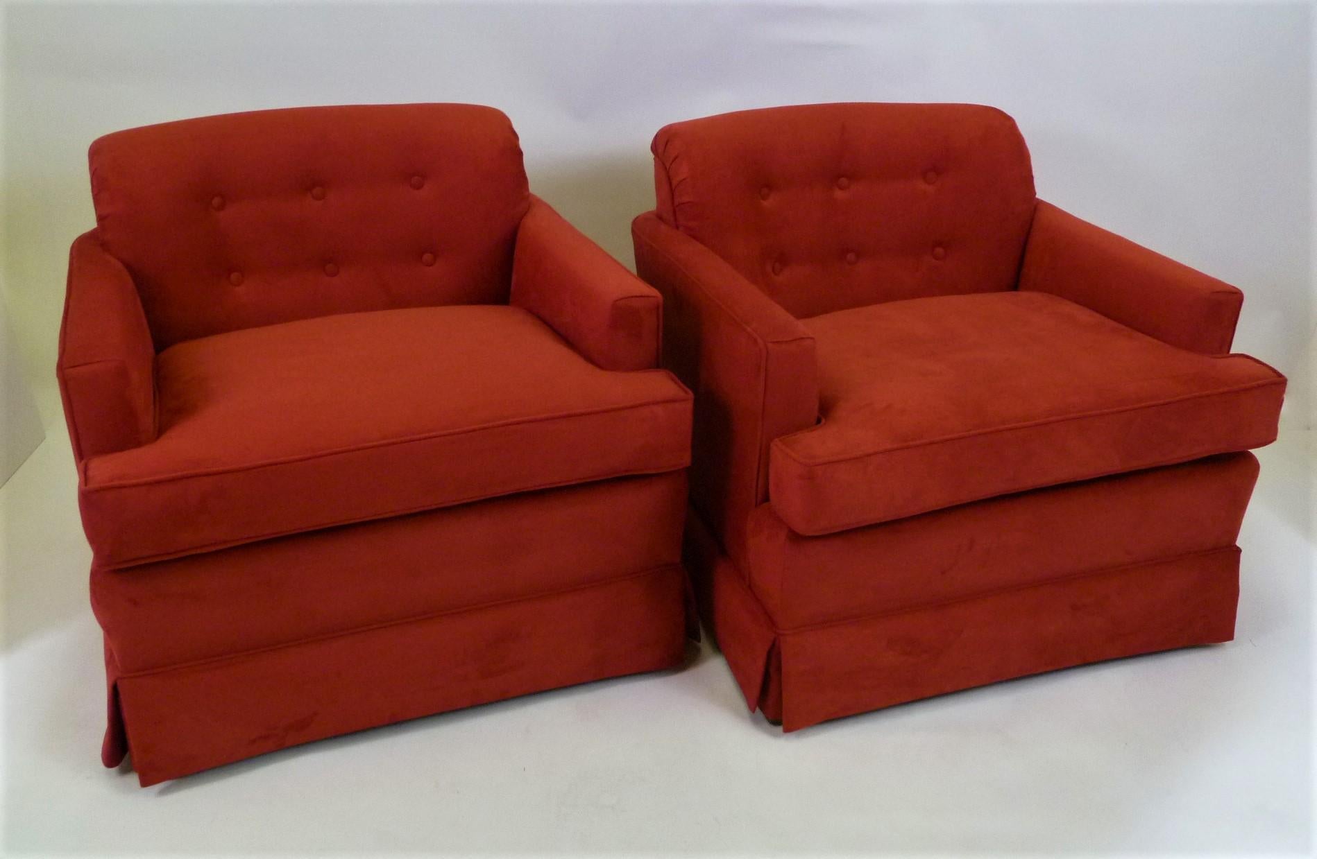 Pair of 1940s Hollywood Glamour Club Chairs in Red Ultrasuede 7