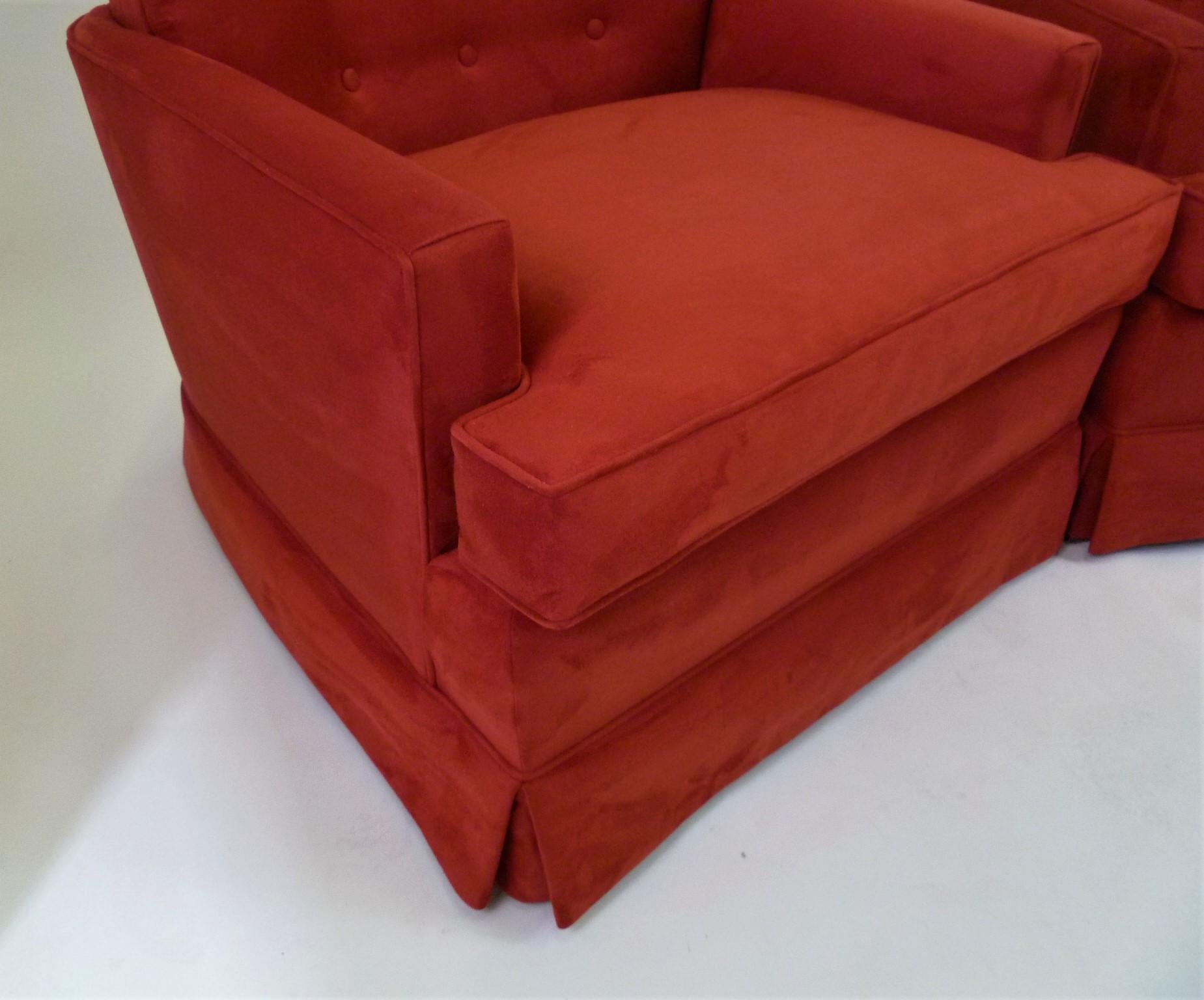 Pair of 1940s Hollywood Glamour Club Chairs in Red Ultrasuede 8