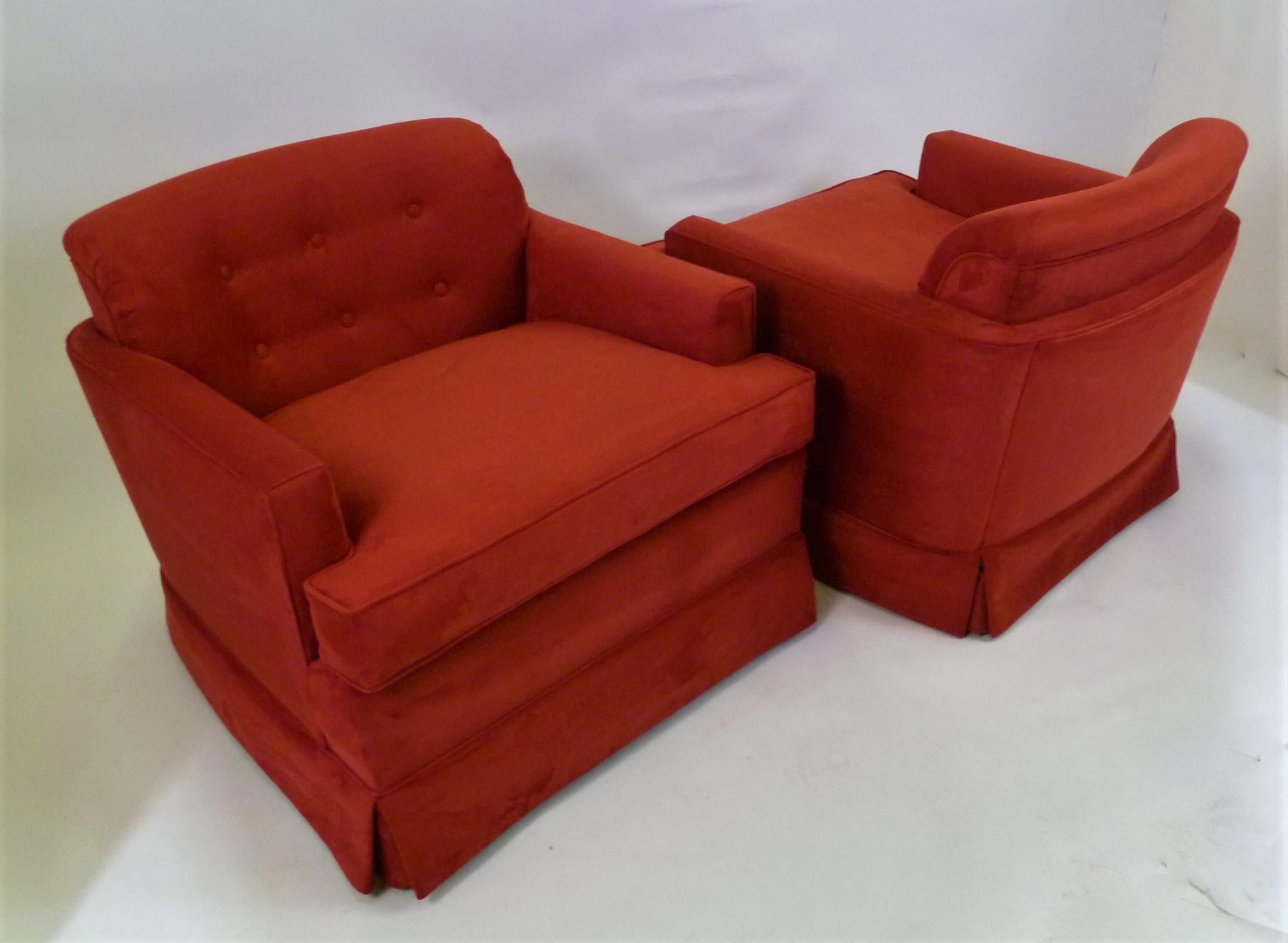 American Pair of 1940s Hollywood Glamour Club Chairs in Red Ultrasuede
