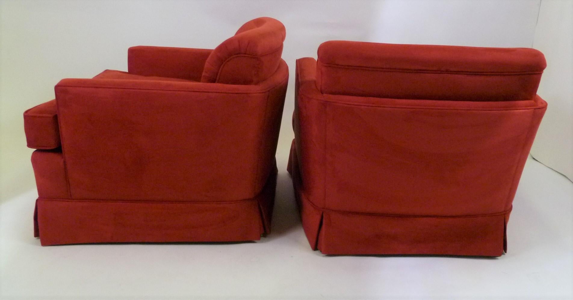 Pair of 1940s Hollywood Glamour Club Chairs in Red Ultrasuede In Good Condition In Miami, FL