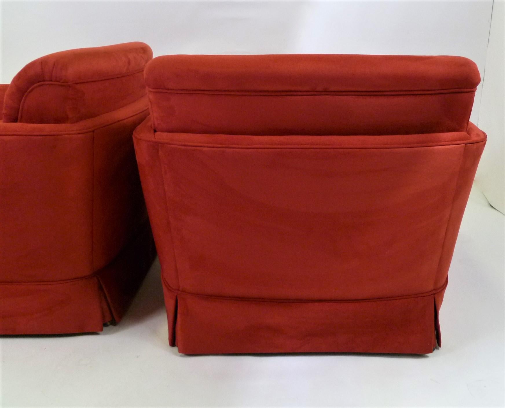 Mid-20th Century Pair of 1940s Hollywood Glamour Club Chairs in Red Ultrasuede