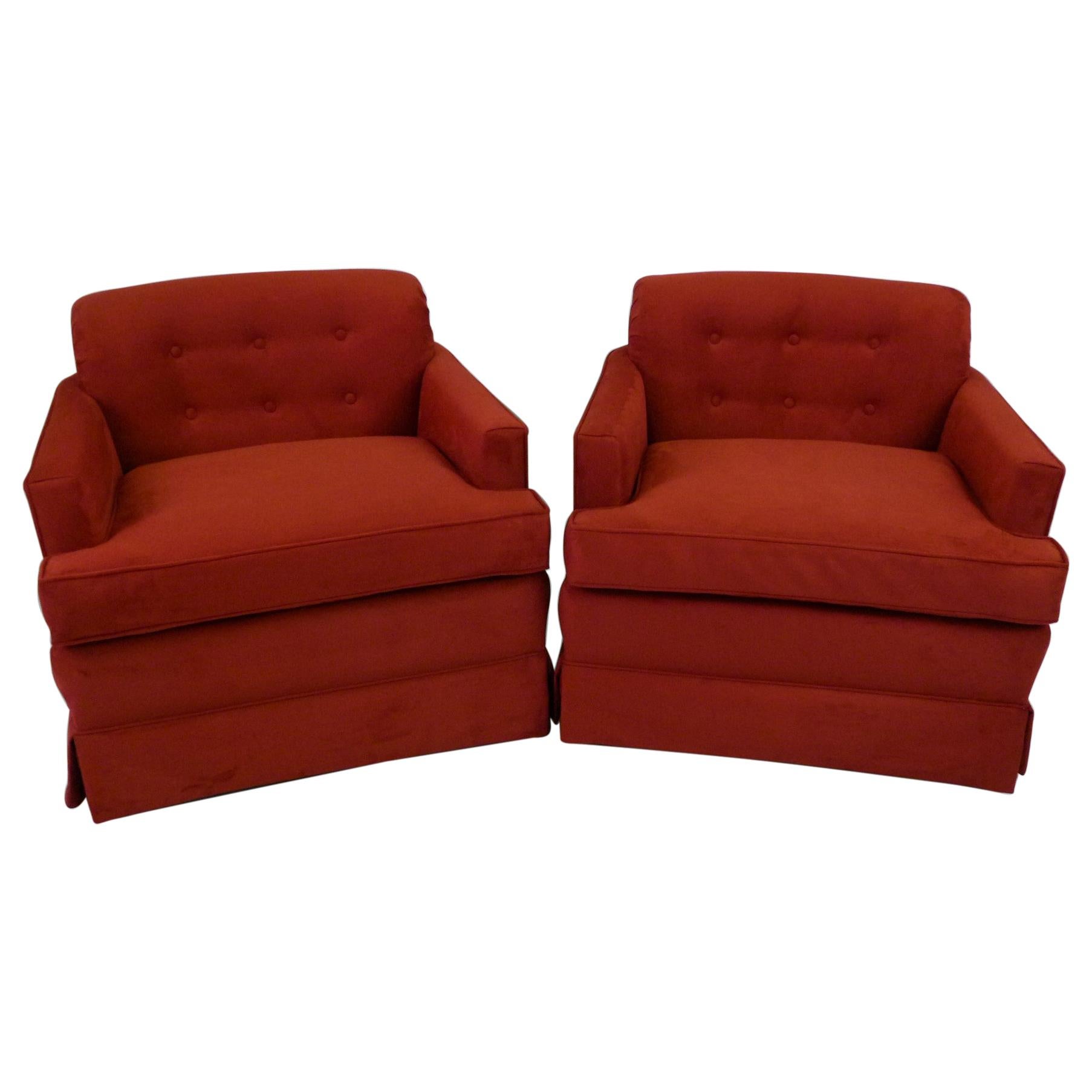 Pair of 1940s Hollywood Glamour Club Chairs in Red Ultrasuede