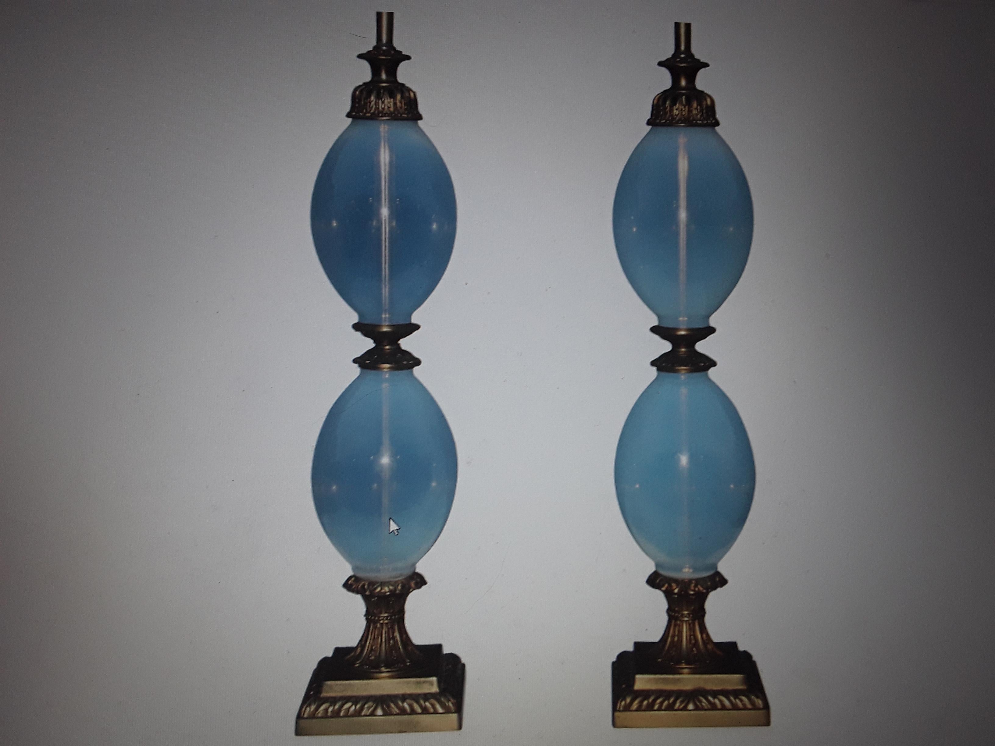 Pair 1940's Hollywood Regency Blue Opaline / Opalescent Table Lamps For Sale 7