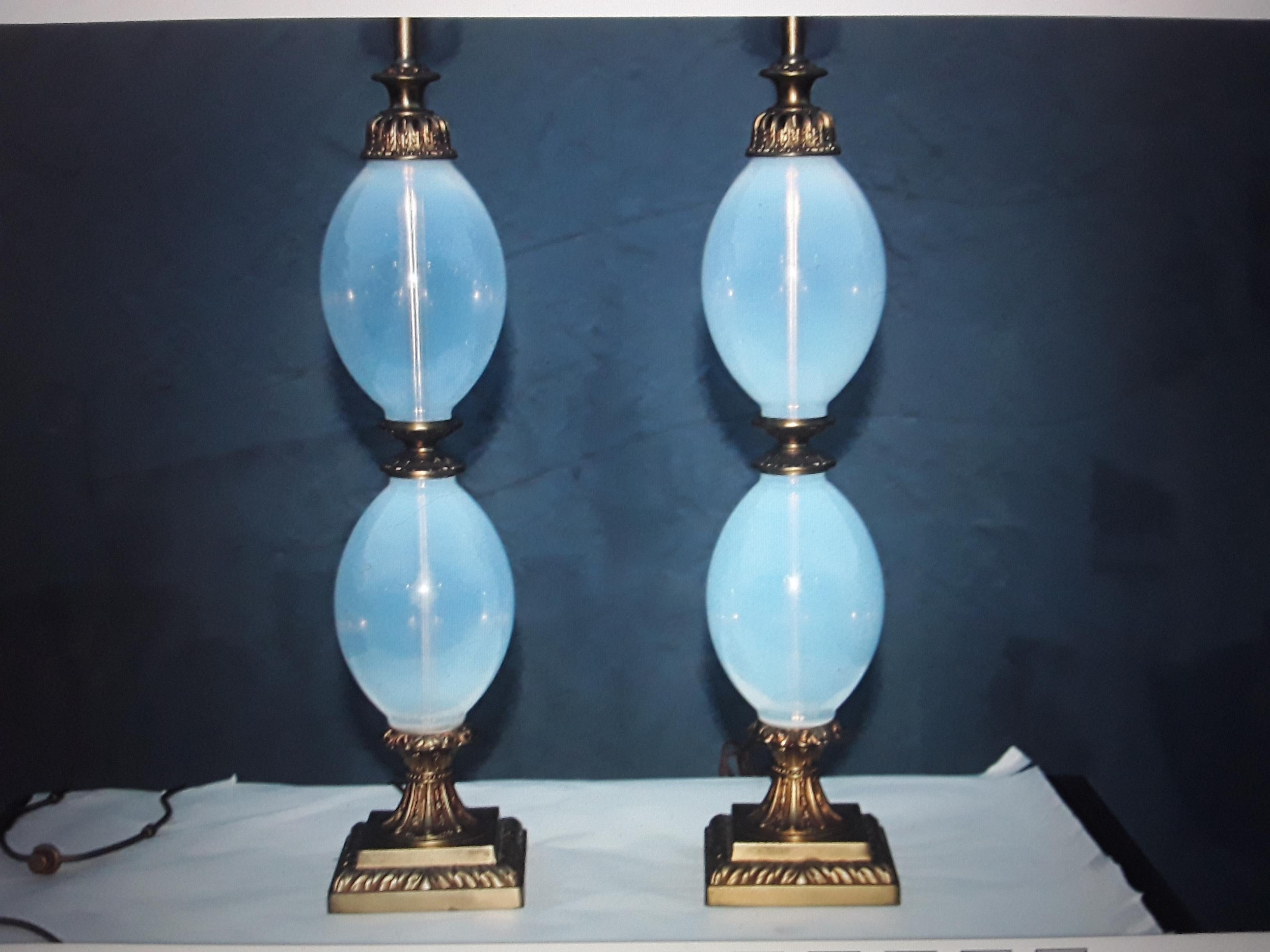 American Pair 1940's Hollywood Regency Blue Opaline / Opalescent Table Lamps For Sale