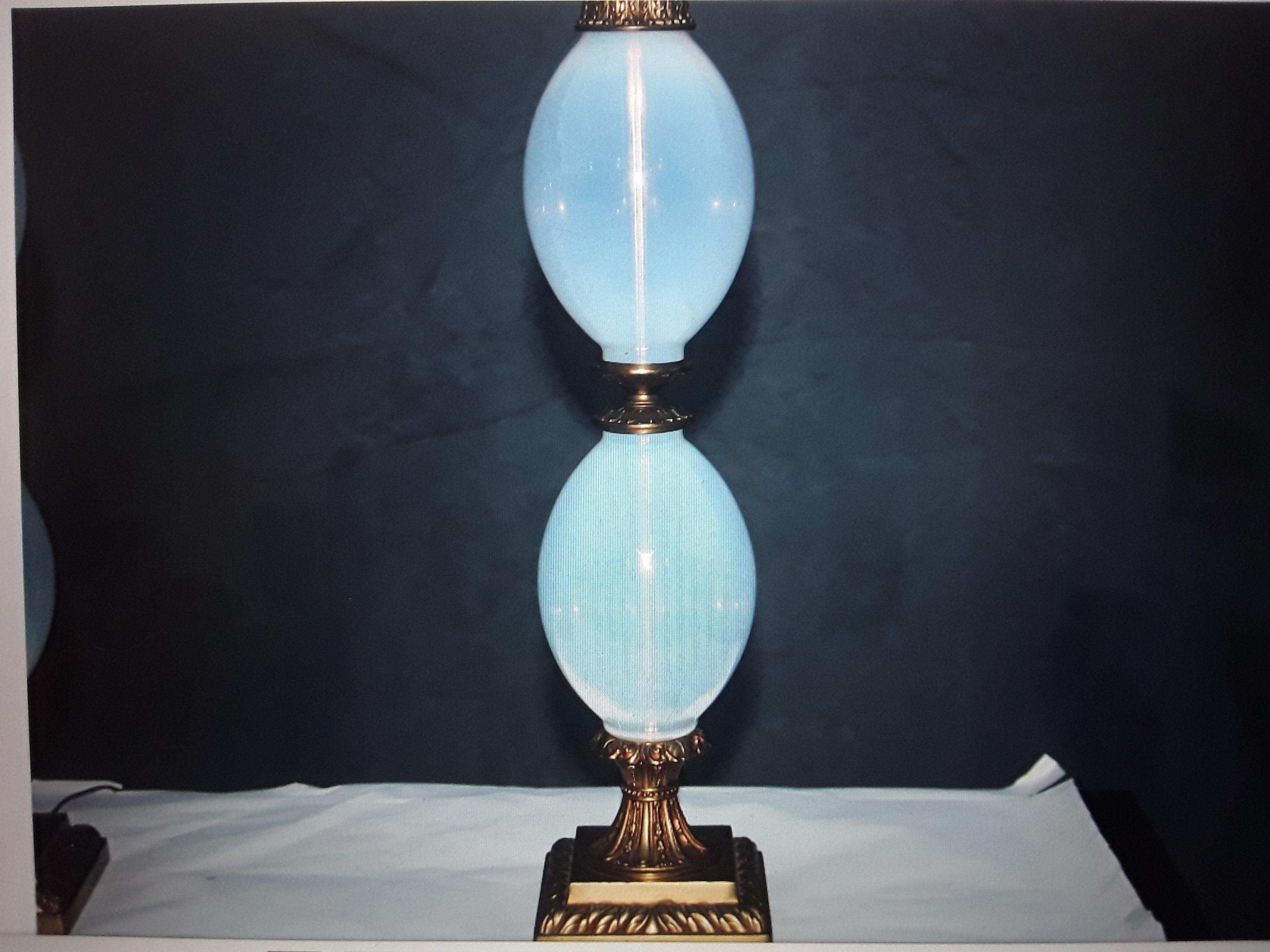 Art Glass Pair 1940's Hollywood Regency Blue Opaline / Opalescent Table Lamps For Sale