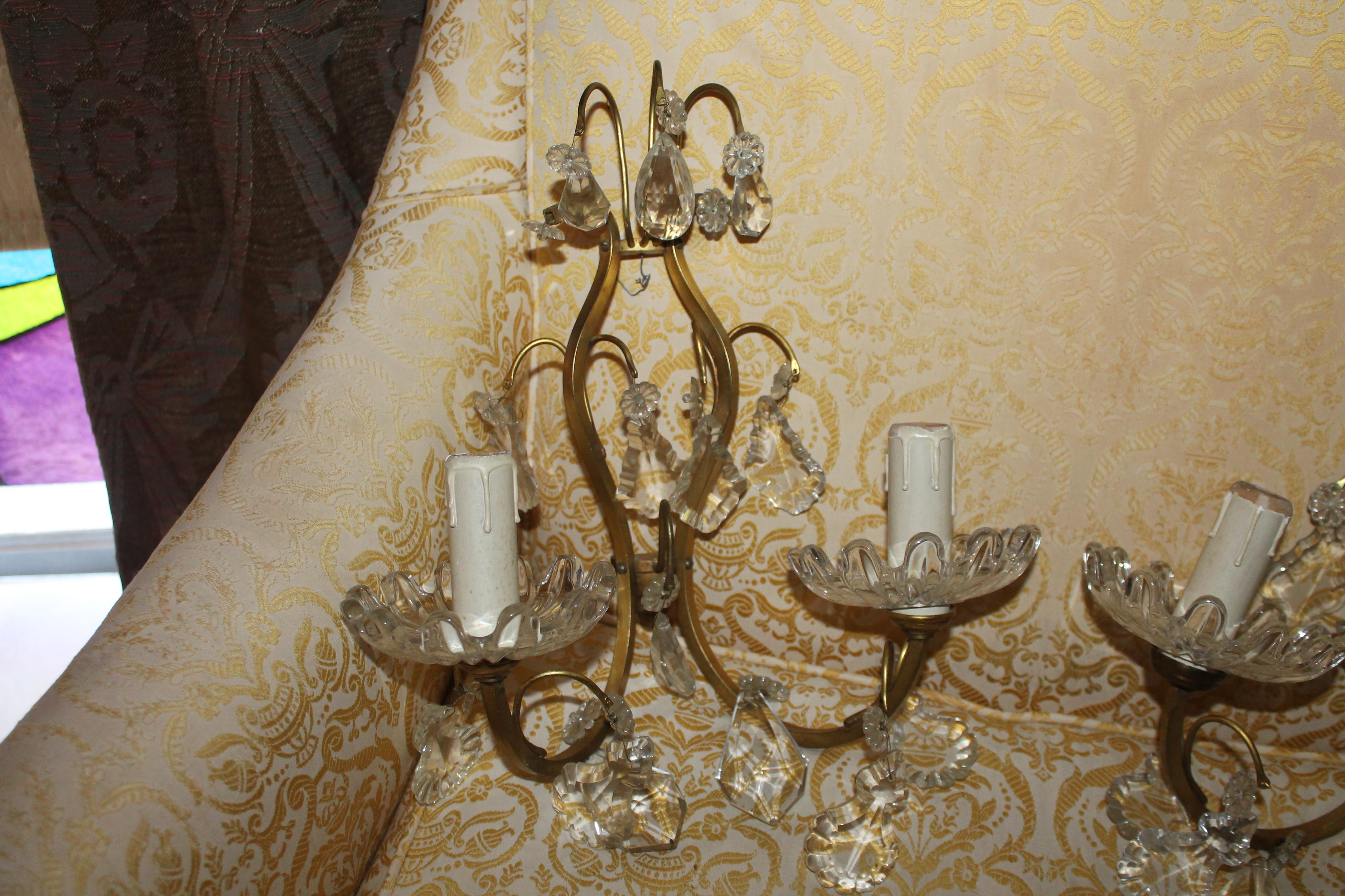 Pareja 1940s Hollywood Regency Bronce c/ Cristal Apliques de Pared Sin Firmar Baccarat en venta 6