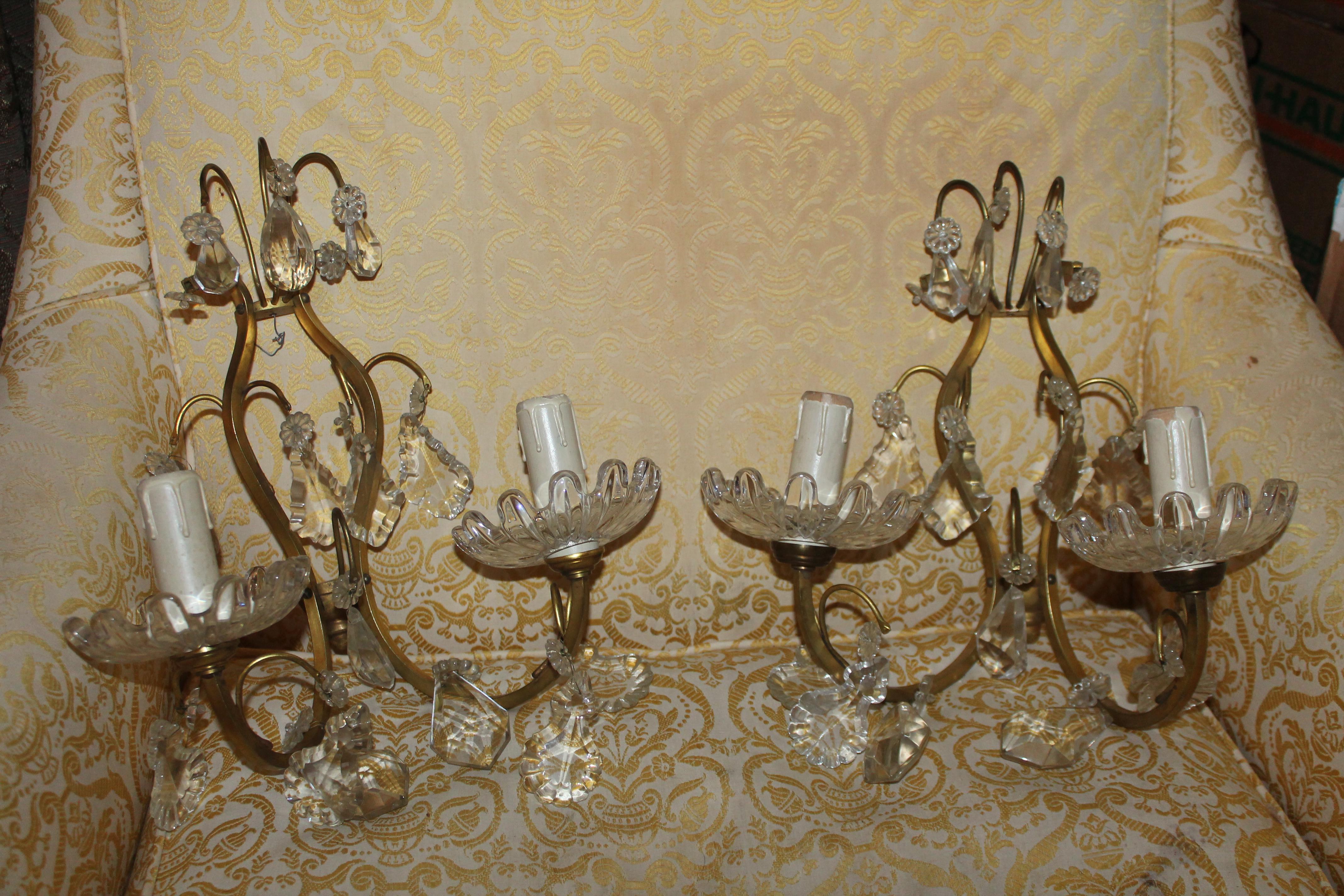 Pair 1940s Hollywood Regency Bronze w/ Crystal Wall Sconces Unsigned Baccarat In Good Condition For Sale In Opa Locka, FL