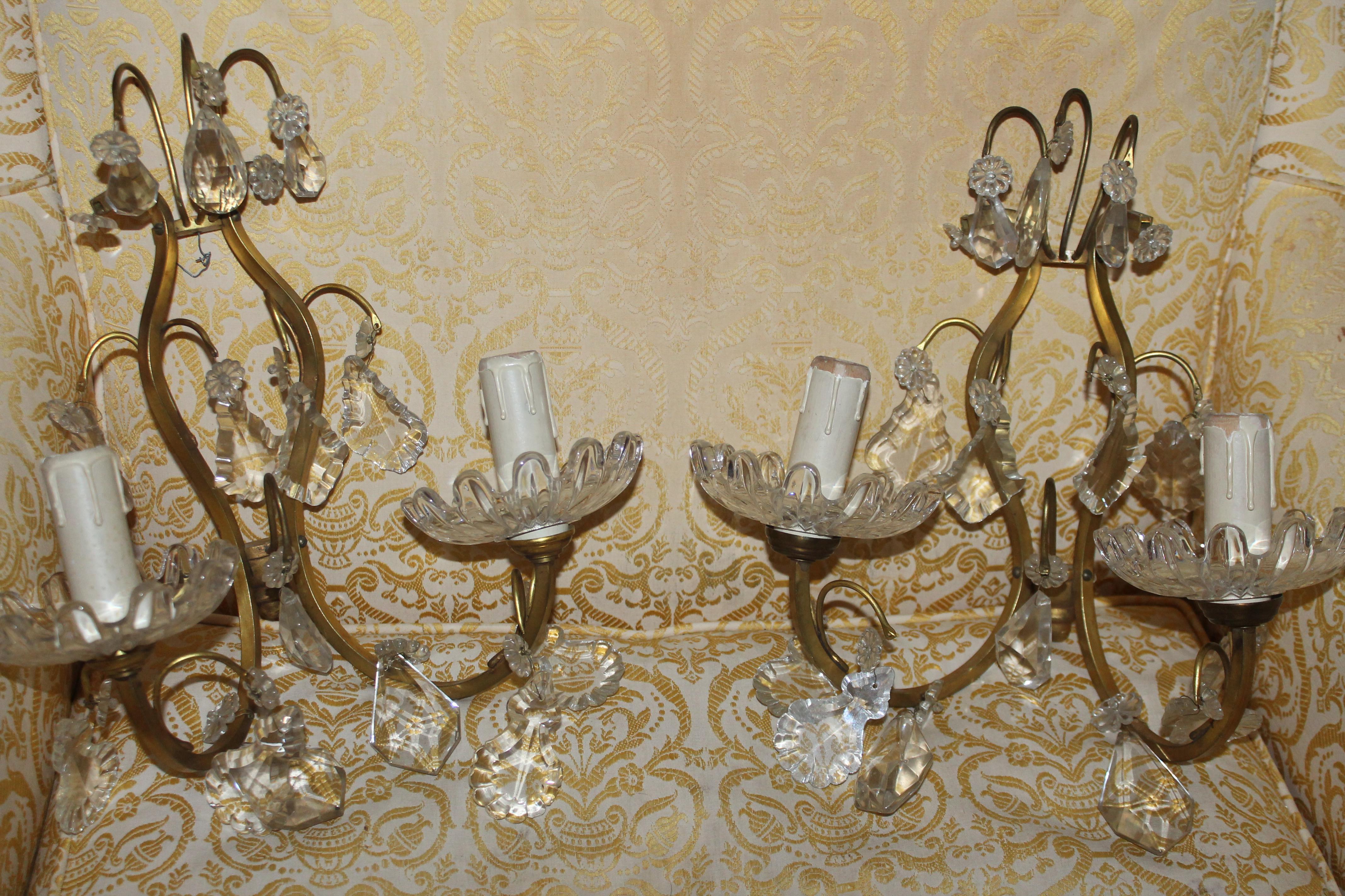 Mid-20th Century Pair 1940s Hollywood Regency Bronze w/ Crystal Wall Sconces Unsigned Baccarat For Sale
