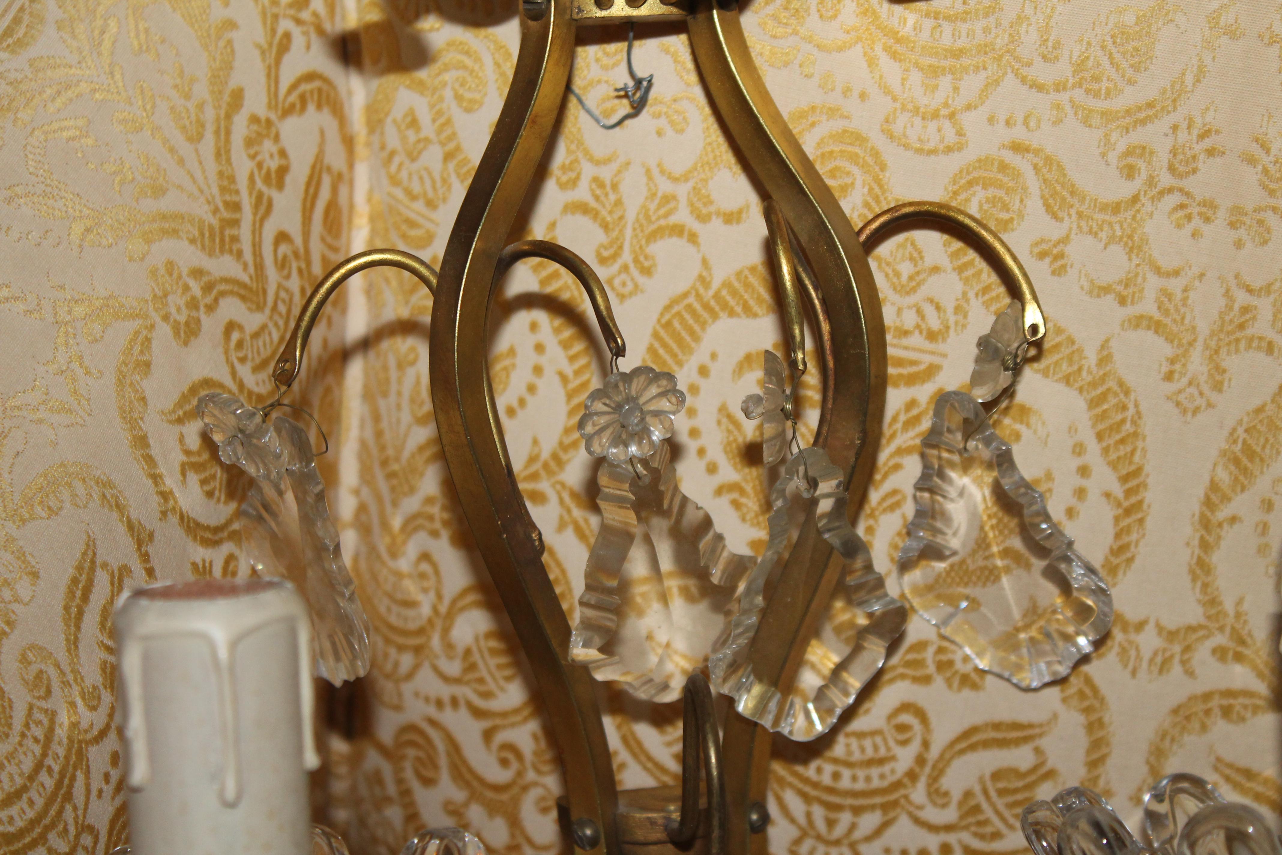 Pair 1940s Hollywood Regency Bronze w/ Crystal Wall Sconces Unsigned Baccarat For Sale 2