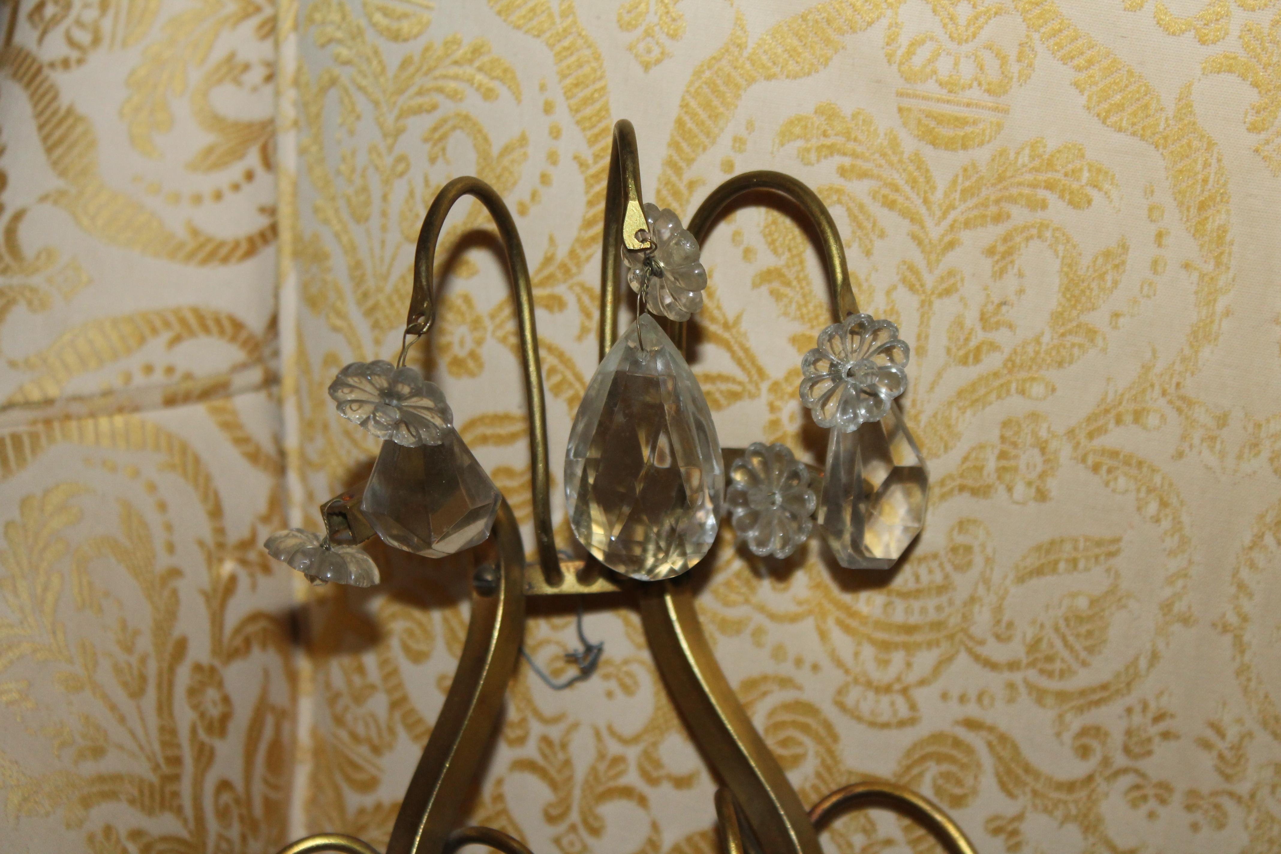 Pair 1940s Hollywood Regency Bronze w/ Crystal Wall Sconces Unsigned Baccarat For Sale 3