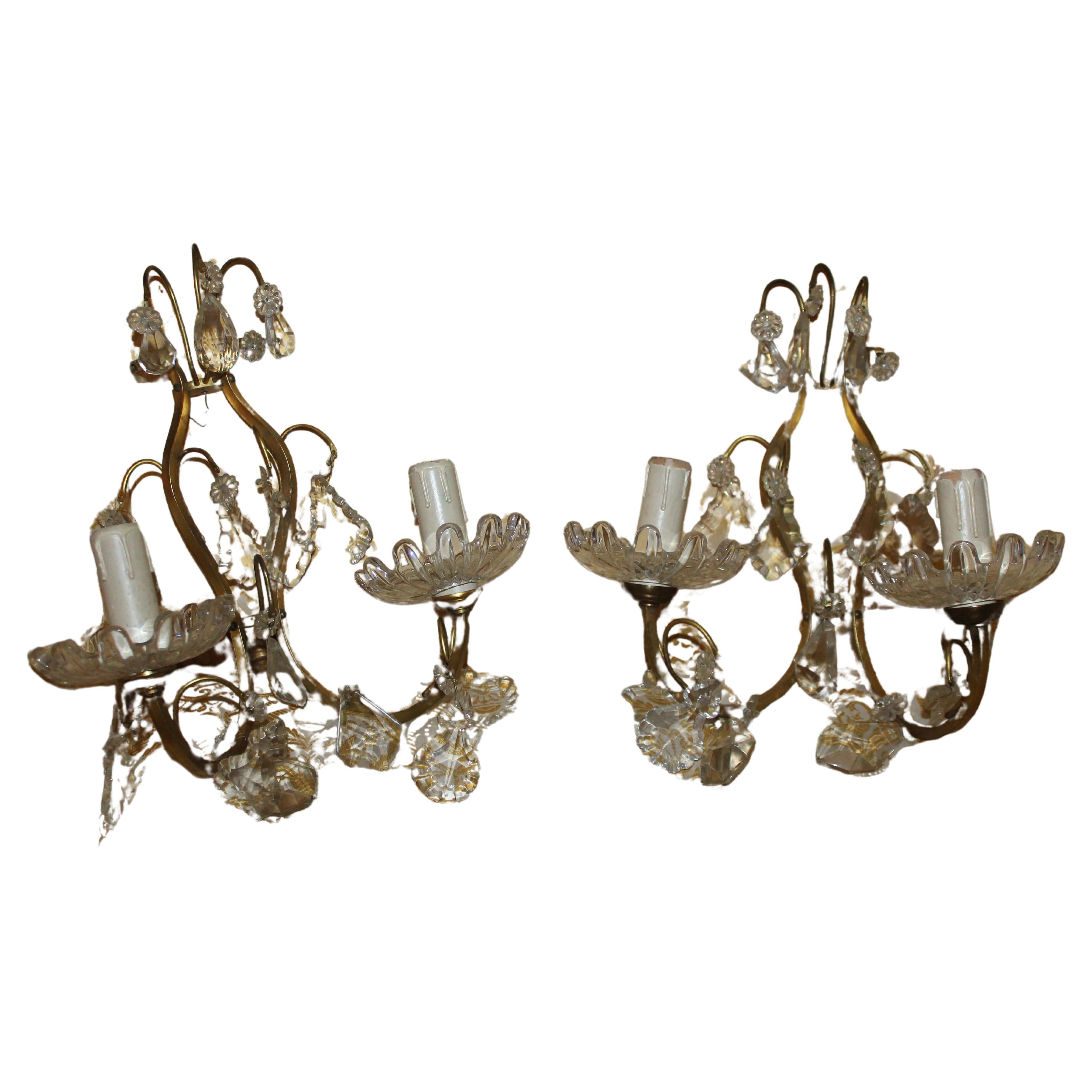 Pair 1940s Hollywood Regency Bronze w/ Crystal Wall Sconces Unsigned Baccarat For Sale