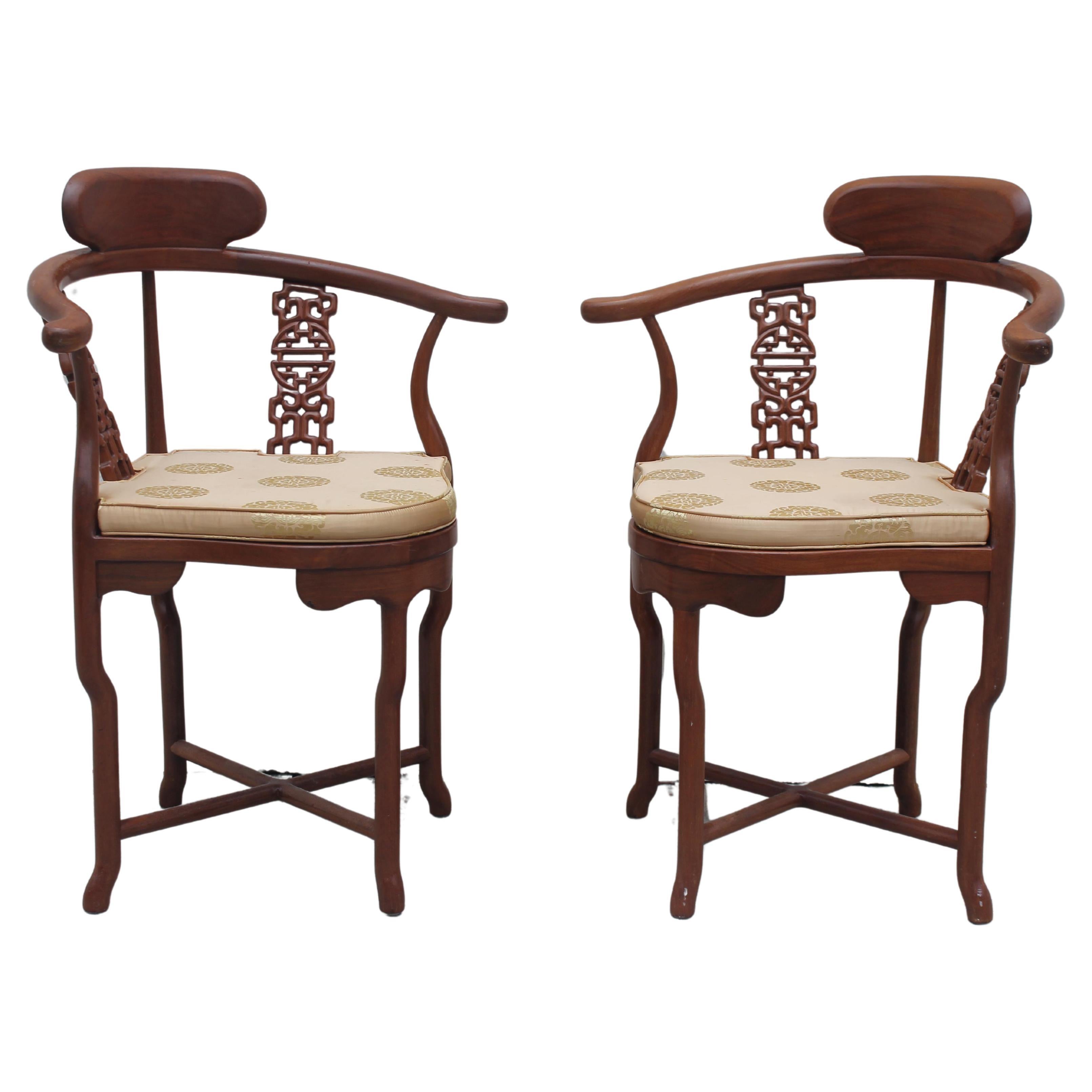 Pair 1940's Hollywood Regency Carved Wood Accent/ Side Chairs Japonisant Design For Sale