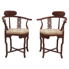 Vintage Pair 1940's Hollywood Regency Carved Wood Accent/ Side Chairs Japonisant Design
