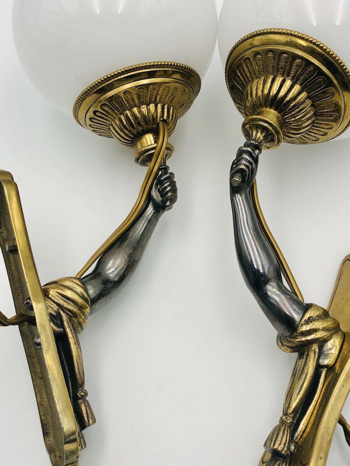Pair 1940's Hollywood Regency Duo Tone Bronze Elegant Hands Holding Light Bagues For Sale 4