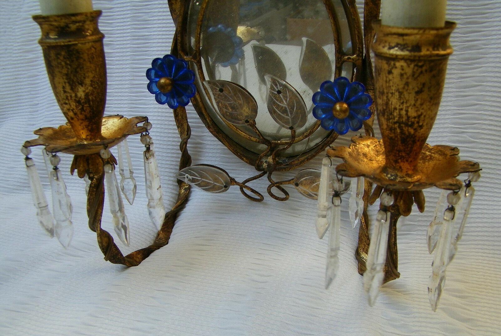 French Pair 1940s Hollywood Regency Gilt Tole Mirror Back, Crystal Petals Wall Sconces For Sale