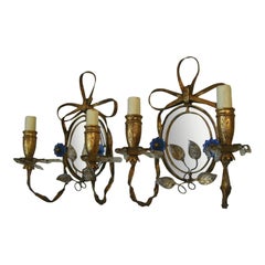 Pair 1940s Hollywood Regency Gilt Tole Mirror Back, Crystal Petals Wall Sconces