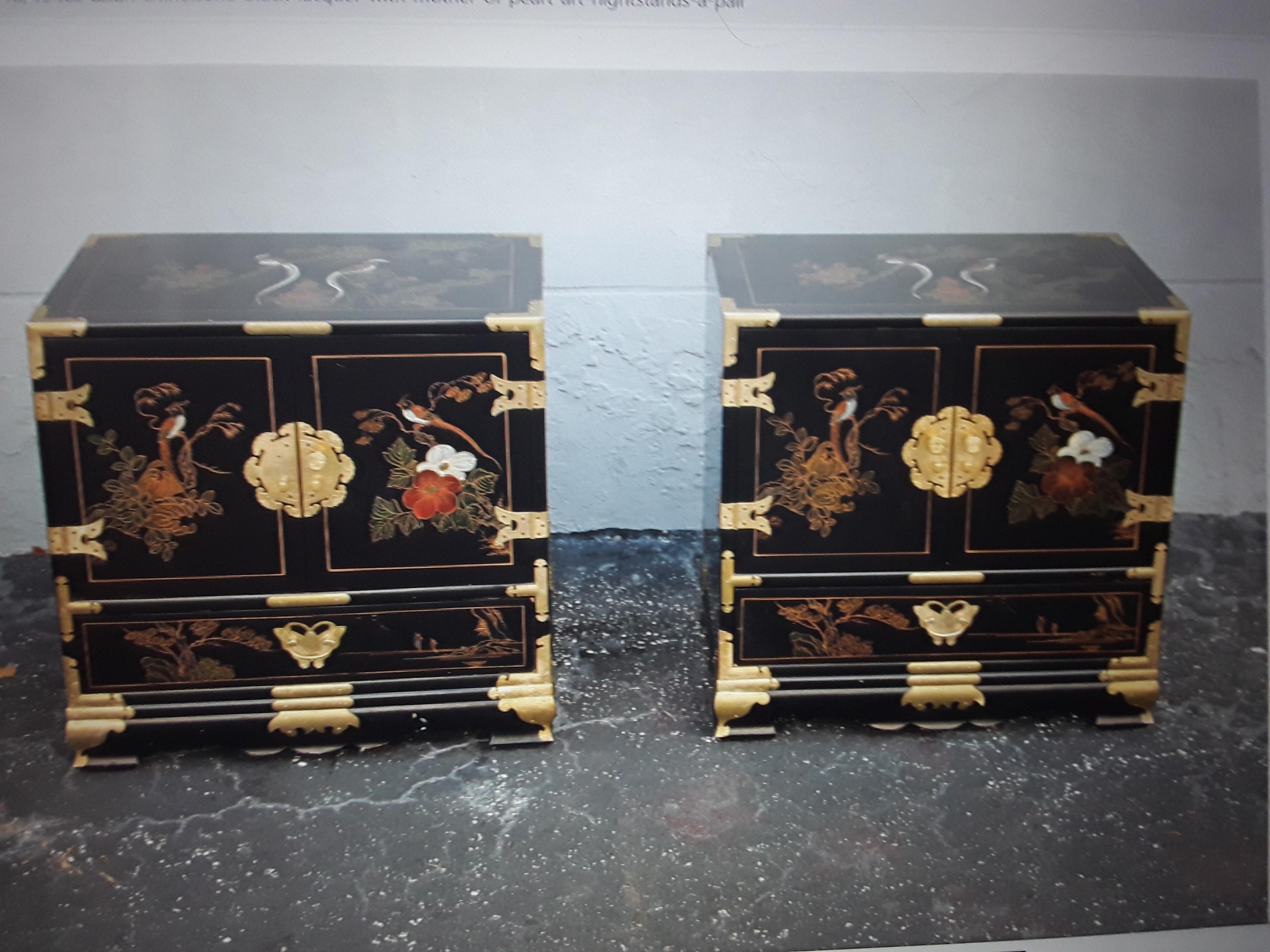 Pair Hollywood Regency Black Lacquered Hand Painted Birds and Floral Detailed Night Stands c1940's. Brass accents and lots of interior storage.