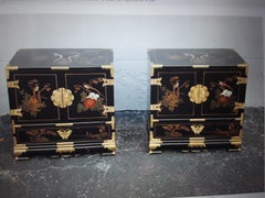 Pair 1940's Hollywood Regency Lacquered Hand Painted Chinoiserie Night Stands