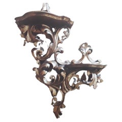Pair 1940s Italian Hollywood Regency Giltwood Double Shelf Display Wall Brackets