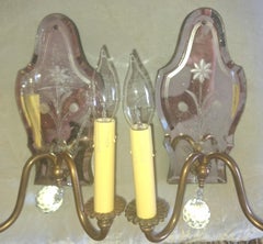 Pair 1940's Italian Regency Floral Eglomise Mirror Back w/ Bronze Wall Sconces