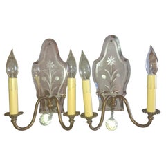 Pair 1940's Italian Regency Floral Eglomise Mirror Back w/ Bronze Wall Sconces