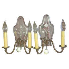 Coppia di lampade da parete in bronzo e specchio con retro specchio della Reggenza italiana degli anni '40