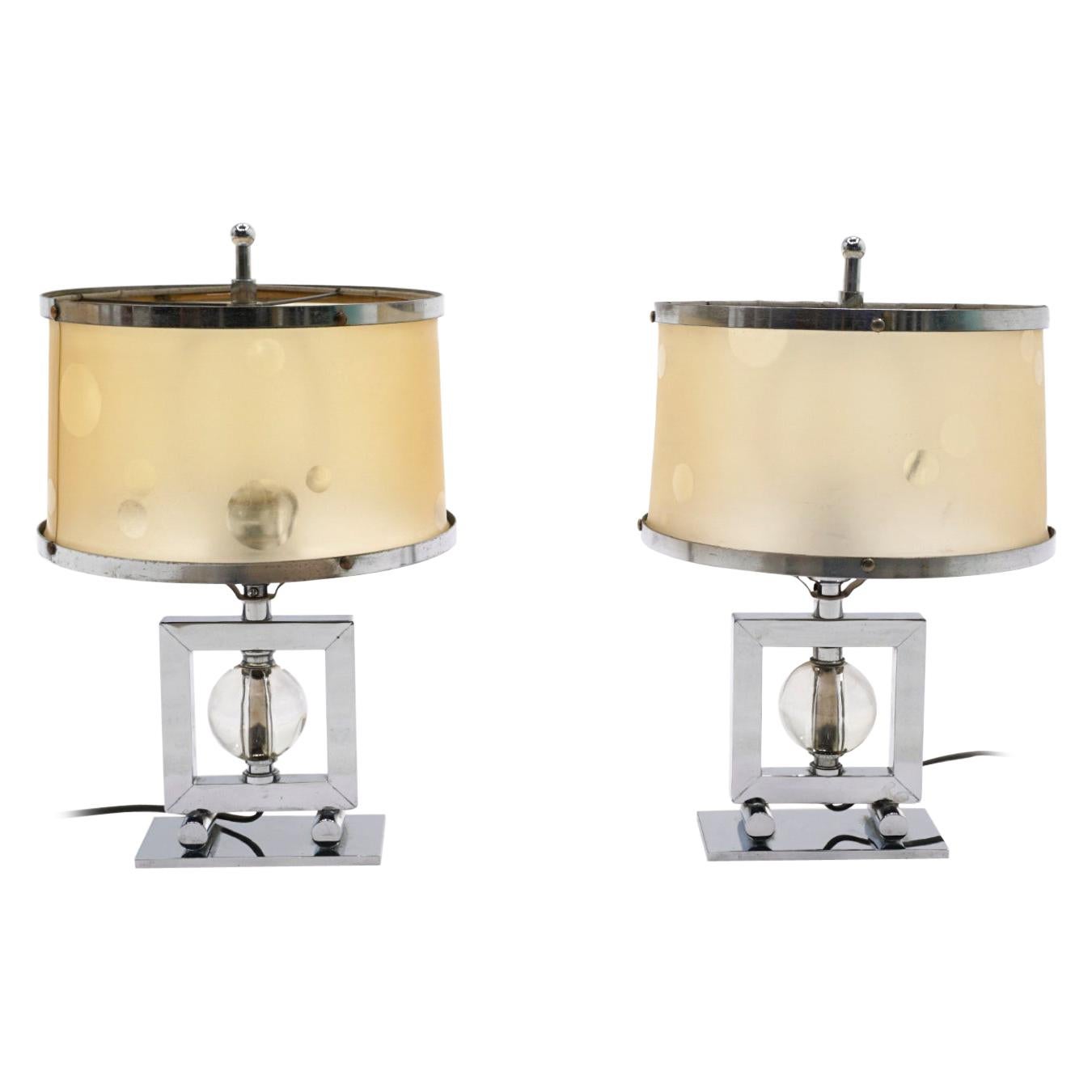 Pair 1940's Machine Age Table Lamps Chrome & Glass, Original Shades & Finials
