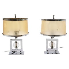 Pair 1940's Machine Age Table Lamps Chrome & Glass, Original Shades & Finials