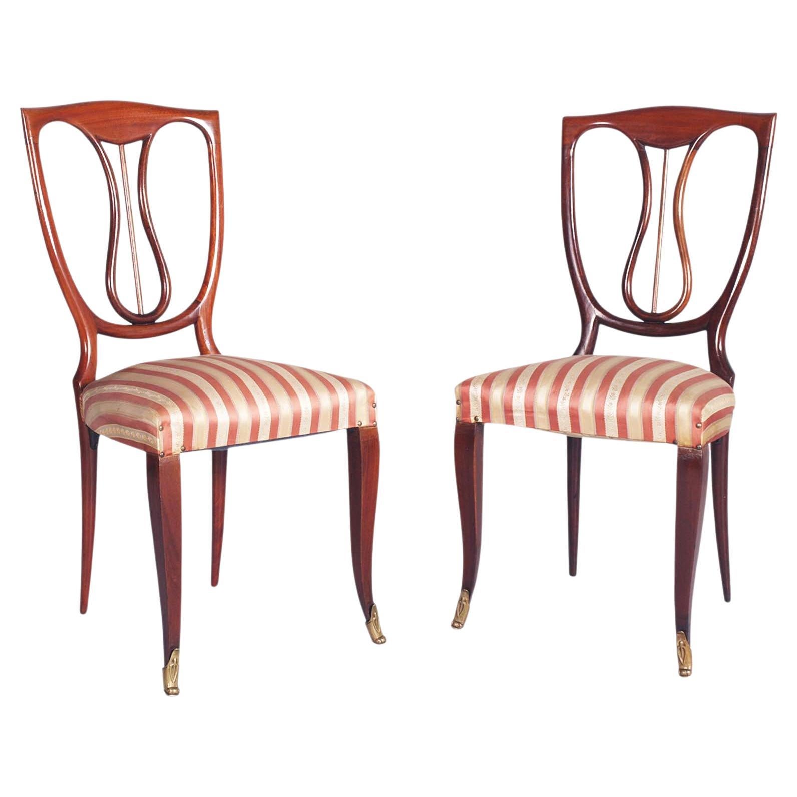 Pair 1940s Side Hall Chairs in Mahogany Melchiorre Bega Attributed, Springs Seat