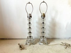 Pair 1940s Stacked Etched Glass Cube Table Lamps, Art Deco Bedside Lamps