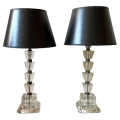 Pair 1940s Stacked Etched Glass Cube Table Lamps, Art Deco Bedside Lamps