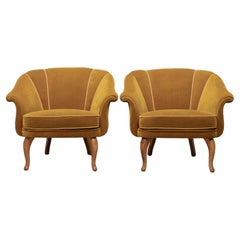 Pair 1940s Swedish Grace Shell Back Club Chairs Upholstered With Velvet