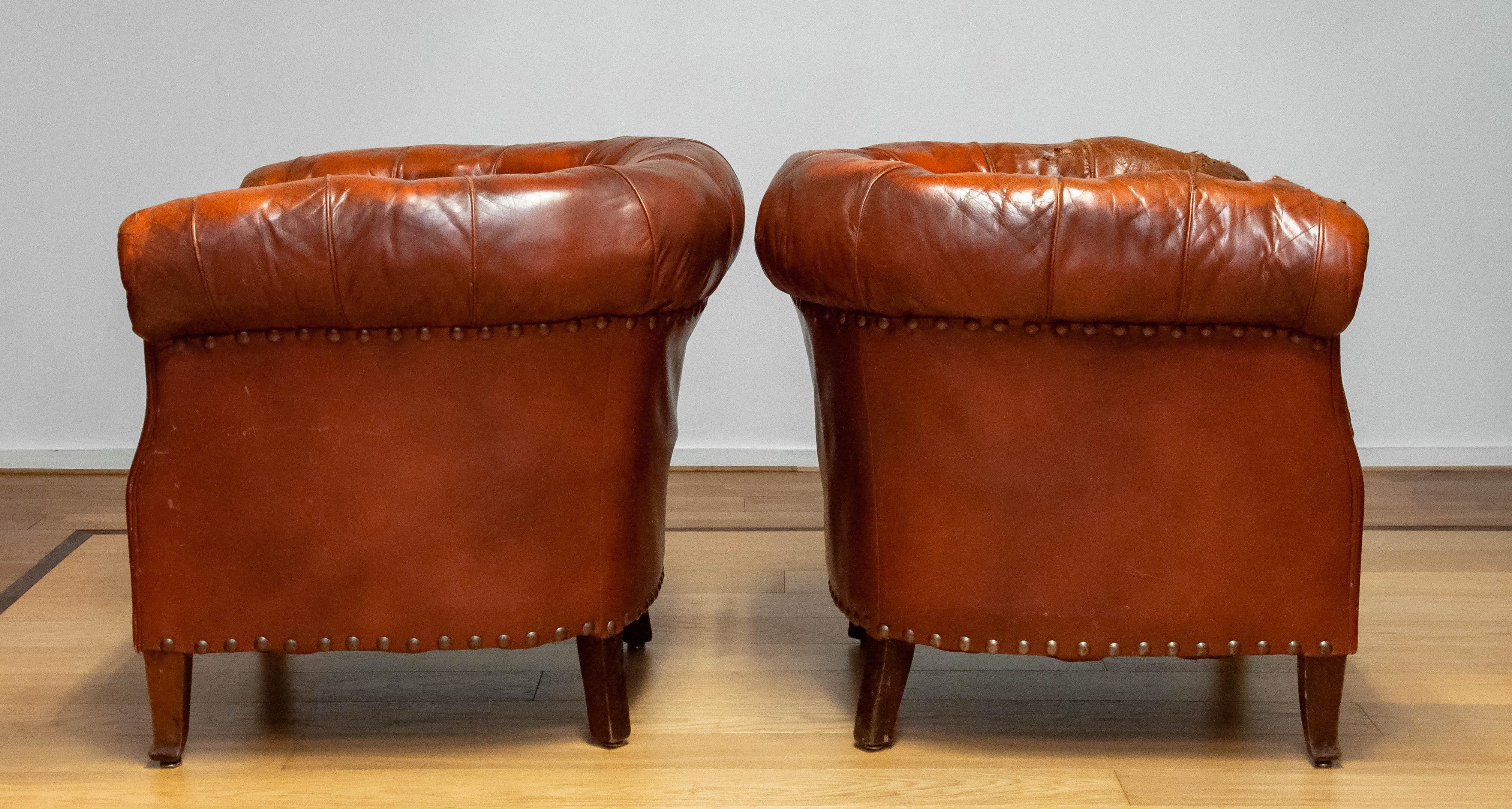 Pair 1940s Swedish Tufted Club Chair 'Chesterfield Model' Tan Brown Worn Leather 5