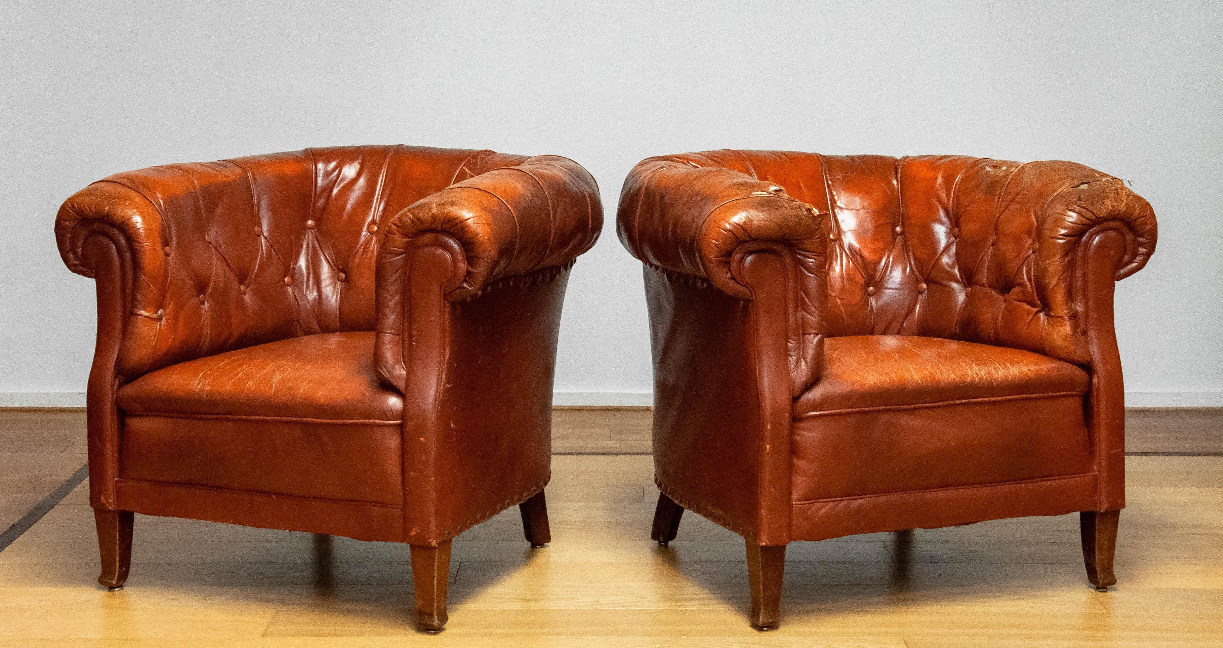 Pair 1940s Swedish Tufted Club Chair 'Chesterfield Model' Tan Brown Worn Leather 6