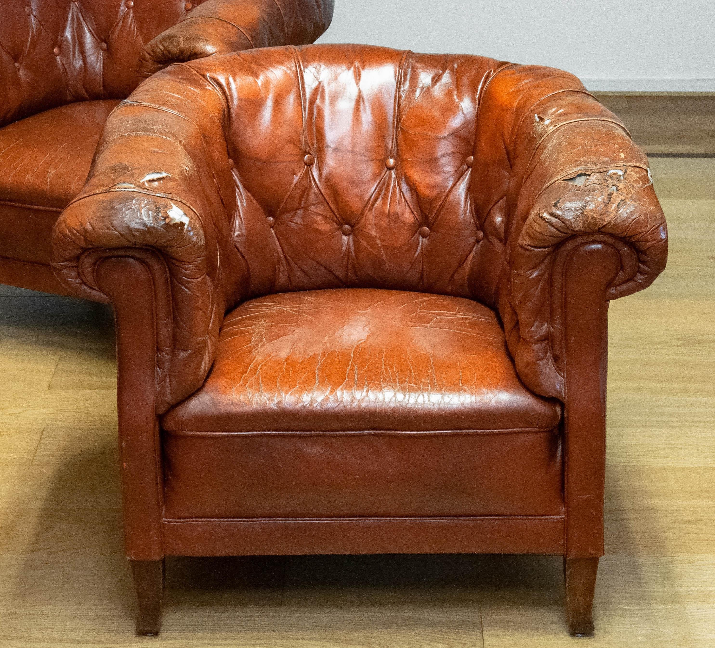 Pair 1940s Swedish Tufted Club Chair 'Chesterfield Model' Tan Brown Worn Leather 7