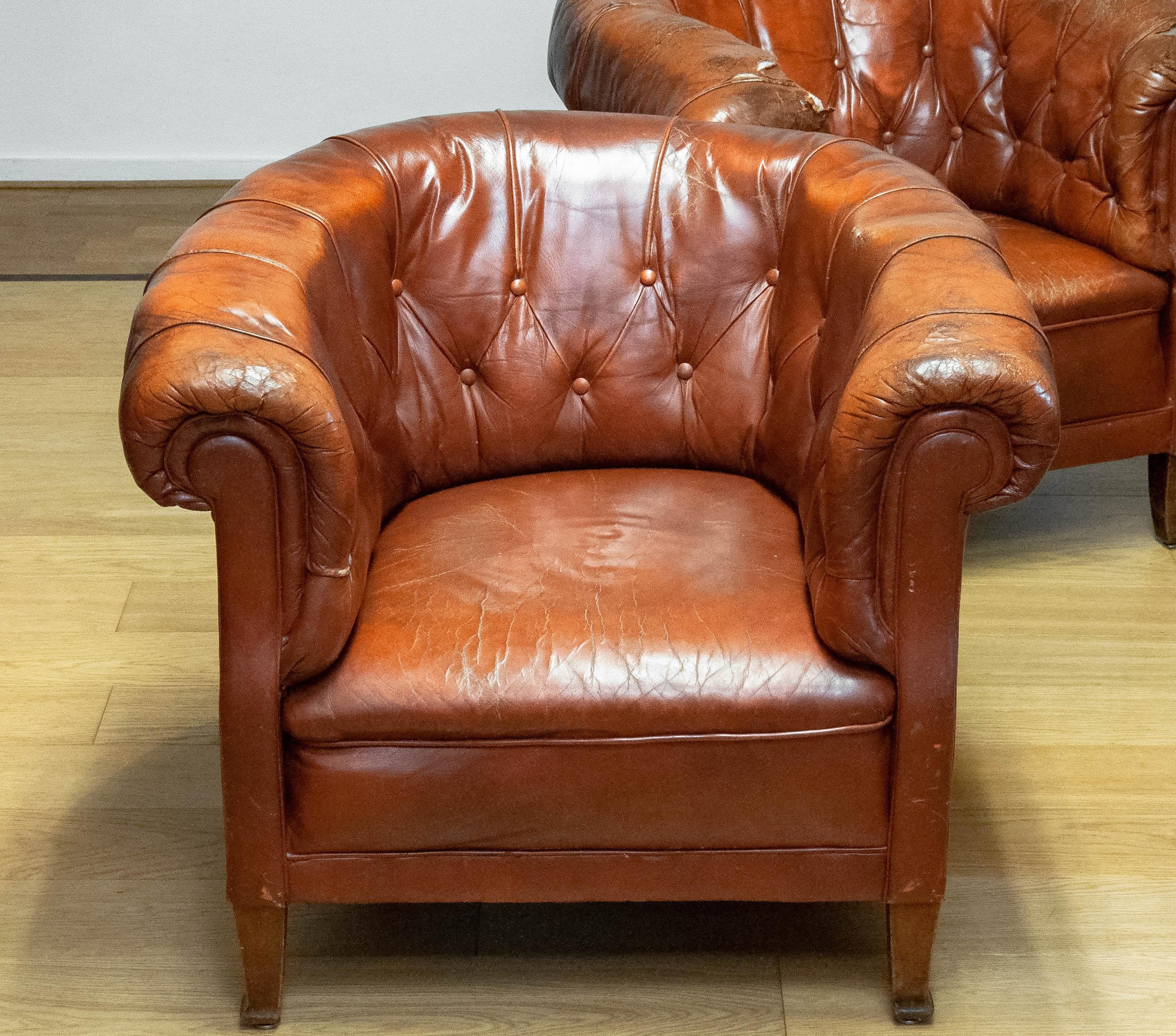Pair 1940s Swedish Tufted Club Chair 'Chesterfield Model' Tan Brown Worn Leather 8