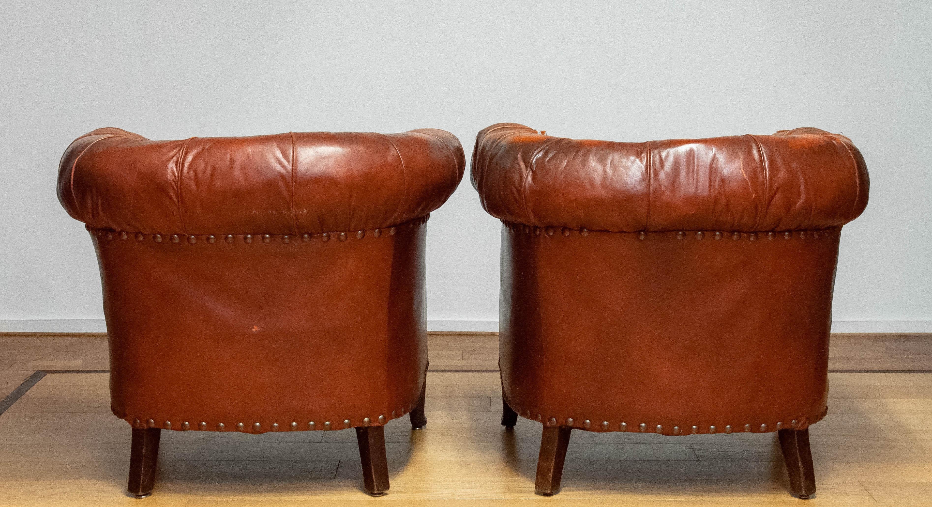 Pair 1940s Swedish Tufted Club Chair 'Chesterfield Model' Tan Brown Worn Leather 9