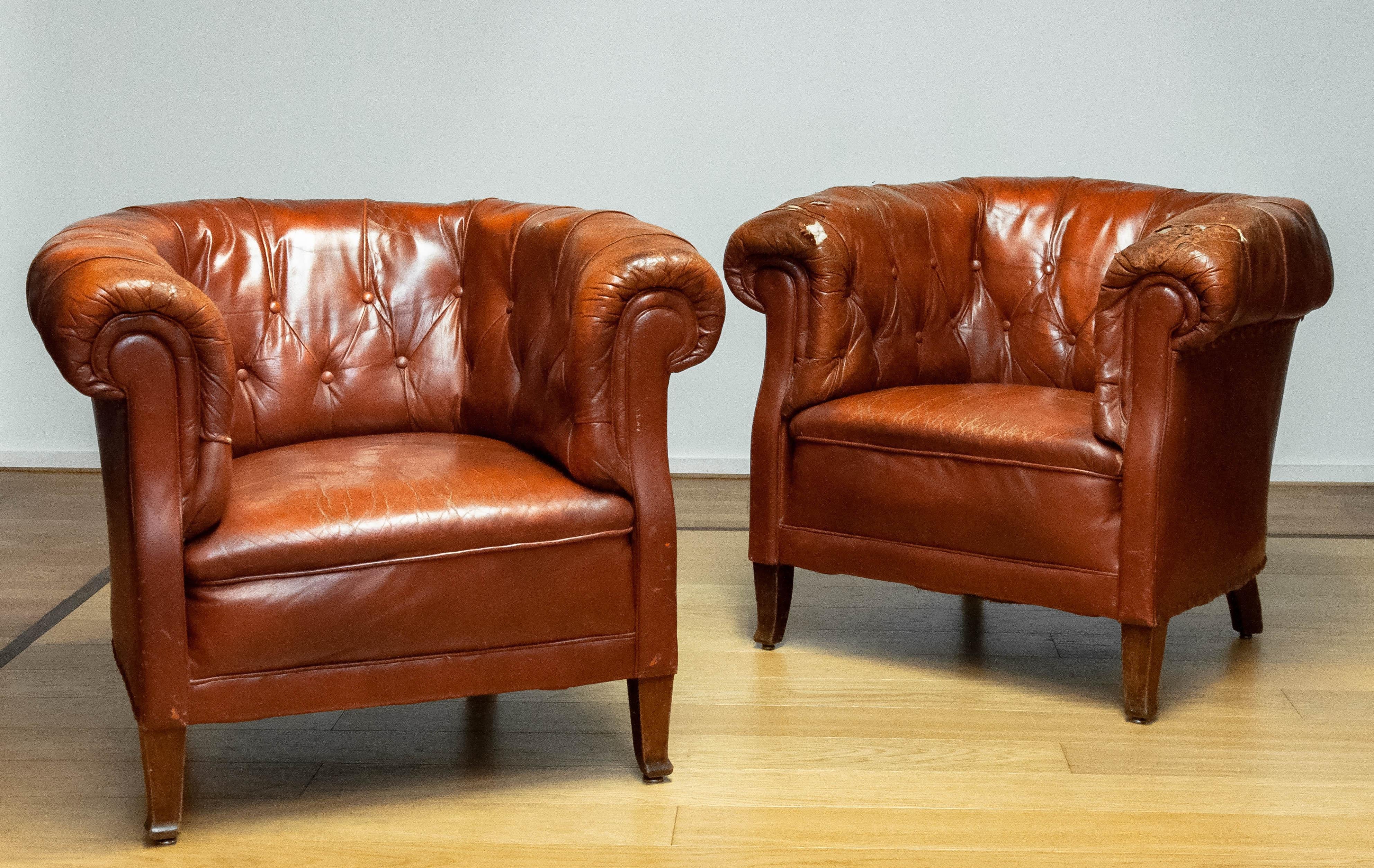 Pair 1940s Swedish Tufted Club Chair 'Chesterfield Model' Tan Brown Worn Leather 10