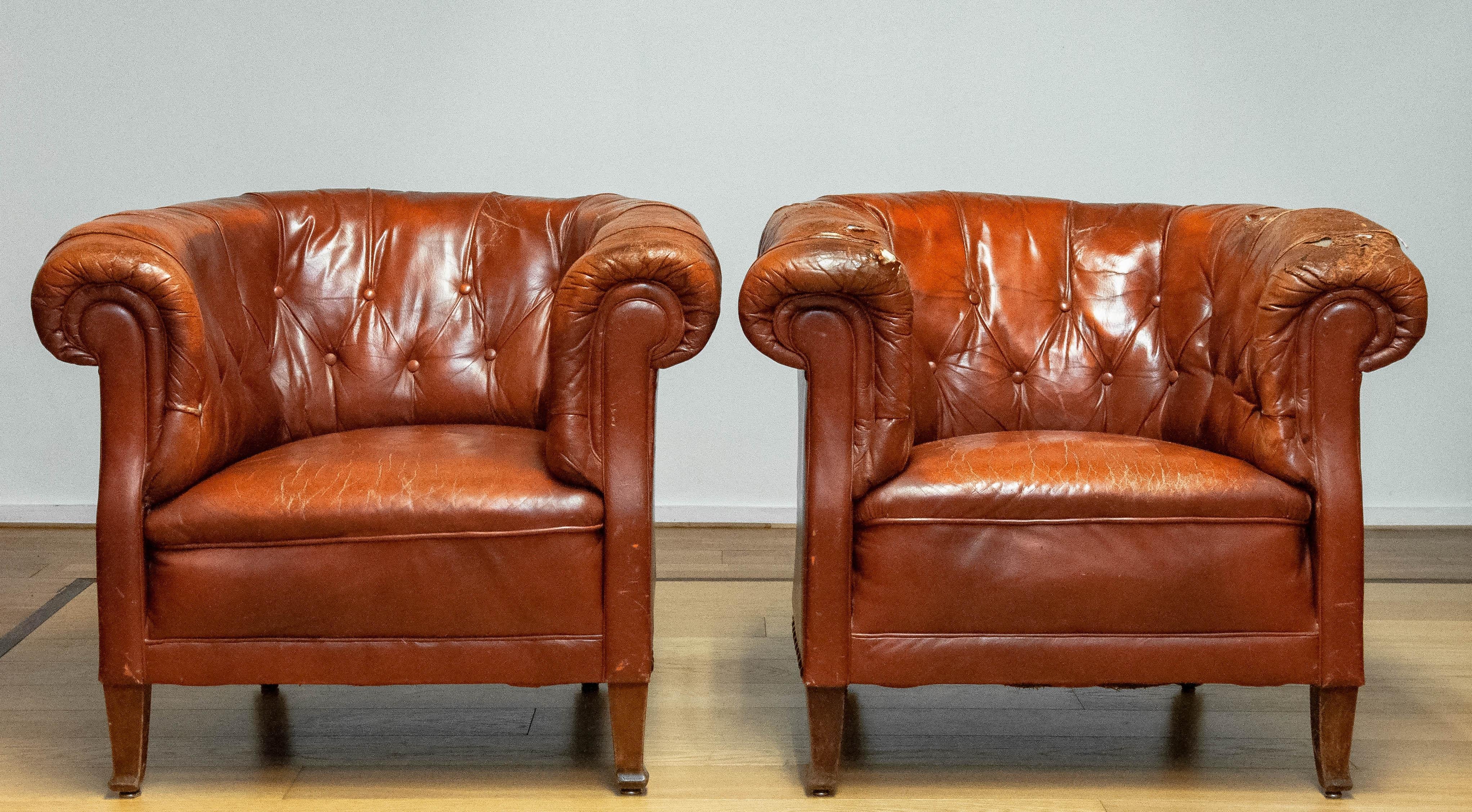 Pair 1940s Swedish Tufted Club Chair 'Chesterfield Model' Tan Brown Worn Leather 11