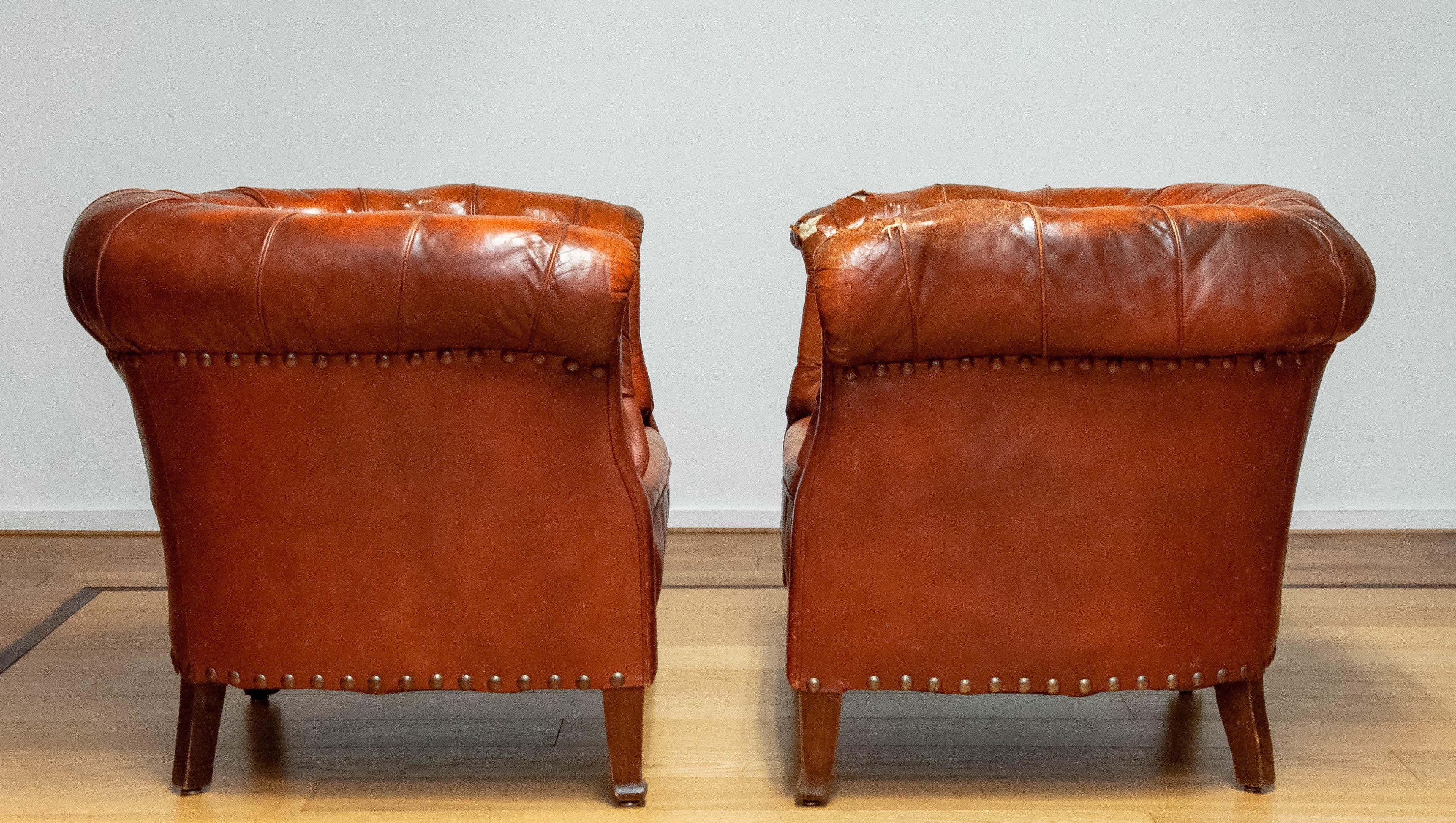 Mid-20th Century Pair 1940s Swedish Tufted Club Chair 'Chesterfield Model' Tan Brown Worn Leather