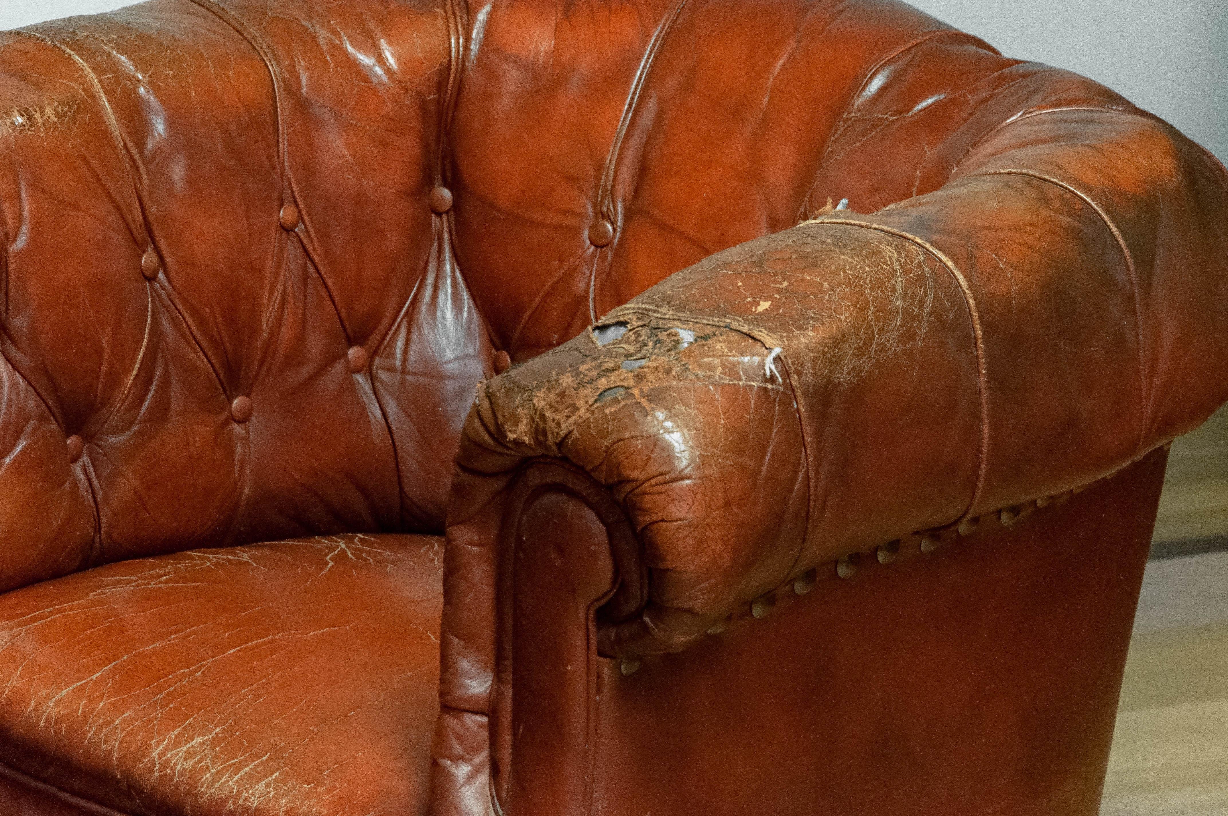 Pair 1940s Swedish Tufted Club Chair 'Chesterfield Model' Tan Brown Worn Leather 2