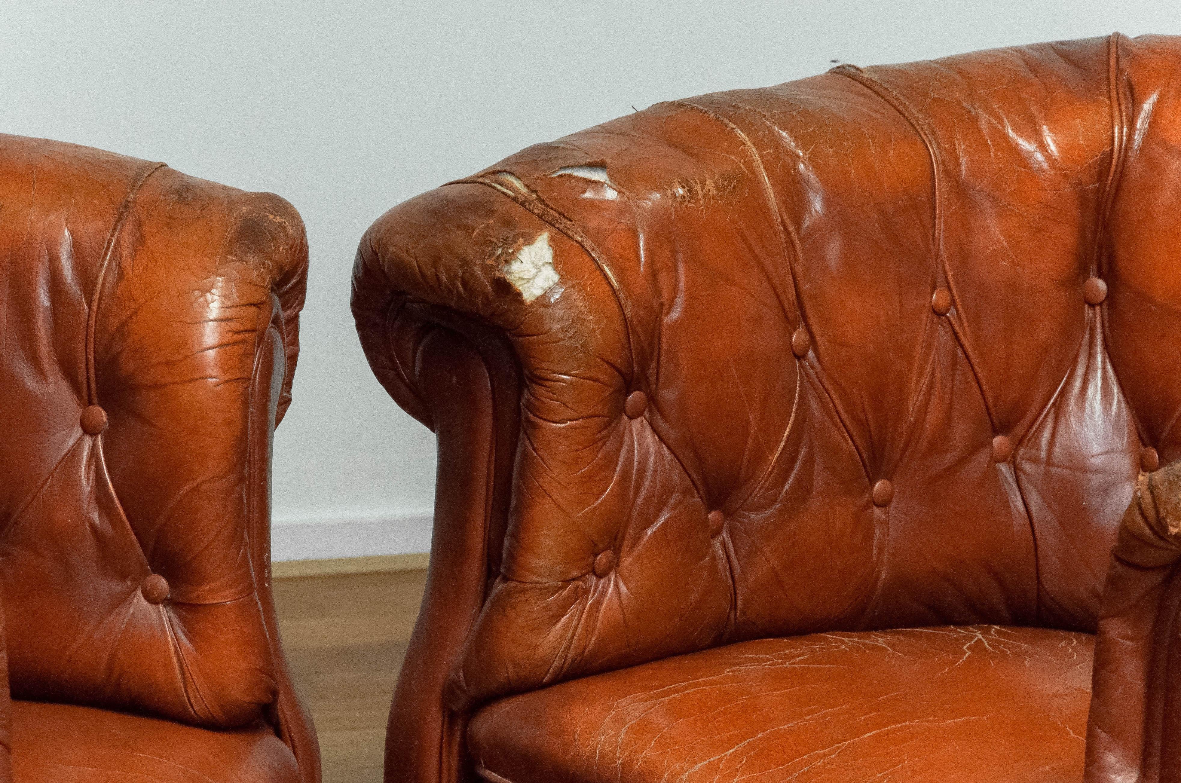 Pair 1940s Swedish Tufted Club Chair 'Chesterfield Model' Tan Brown Worn Leather 3